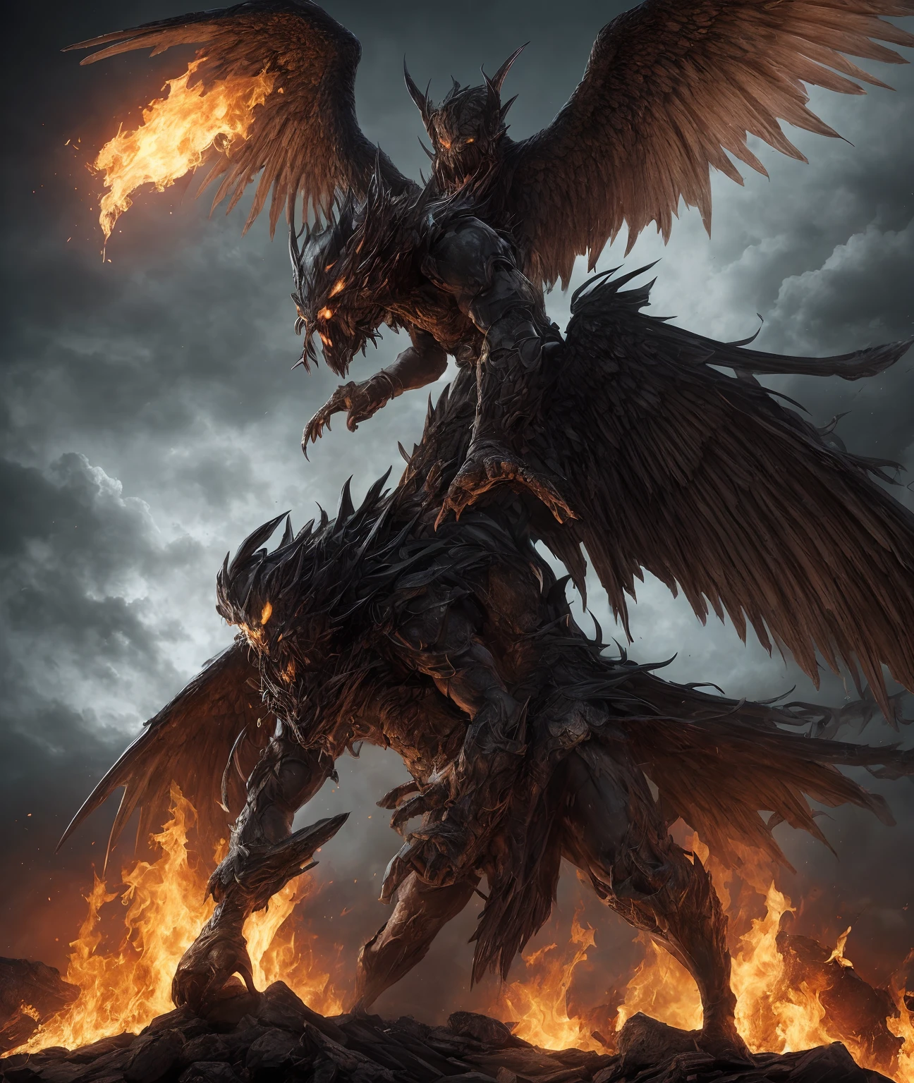 Azazel was once a favoured commander of the heavenly host, but his ambition and pride led him to join lucifer in his rebellion against God. As punishment, Azazel was cast out of heaven into the depths of hell, chaos is unleashed, Big wings, His wings are illuminated by fire ultra-realistic, hyper-realistic, ultra-detailed, hyper-detailed, dark theme, dark clouds, --v6