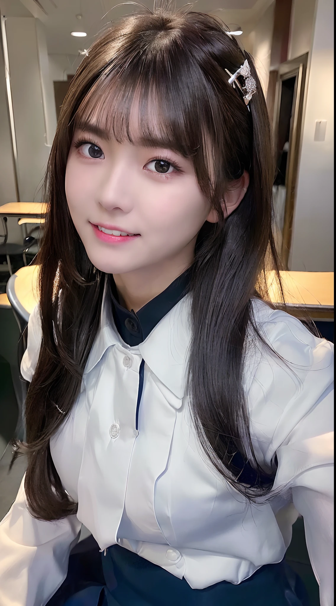 Very detailed 8k wallpaper)、sharp-focus、in detail、drama、Delicate and beautiful schoolgirl、、Sheer white shirt、necktie、Dark blue pleated micro mini、light brown-hair、Smooth pigtails、hair ornament、Sexy、smile face、Peek at the viewer、Beautiful graphics、Bright school building、Full of students、Show me your whole body、sitting in the chair、