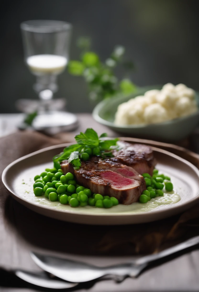 Lean meat dish with peas and cauliflower puree