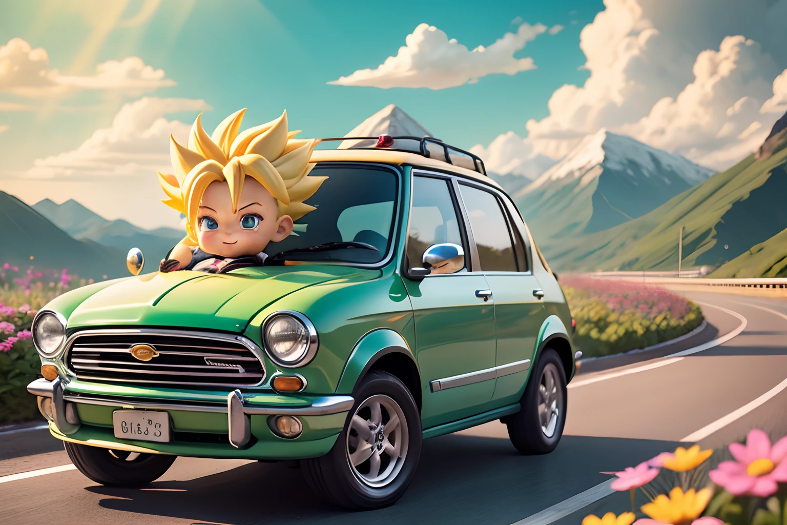 raindrops，Clouds，sunbeam，highway，Little boy driving a car，trunks，super saiyan，Laugh，Spiked hairstyle，Flowers，Mountain，rivers，bird，Entire body，Rich colors，Chibi T-Shi