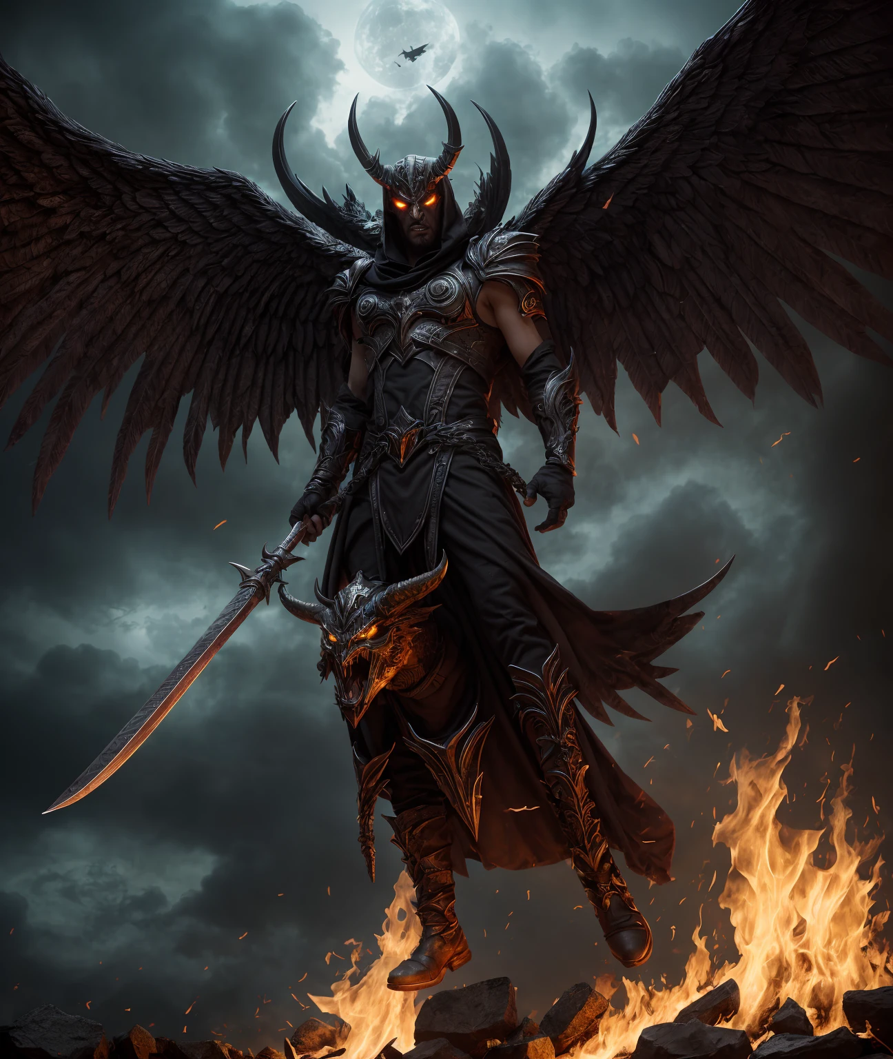 Azazel was once a favoured commander of the heavenly host, but his ambition and pride led him to join luciferin his rebellion against God. As punishment, Azazel and his followers were cast out of heaven into the depths of hell, chaos is unleashed, Big wings, His wings are illuminated by fire ultra-realistic, hyper-realistic, ultra-detailed, hyper-detailed, dark theme, dark clouds, --v6
