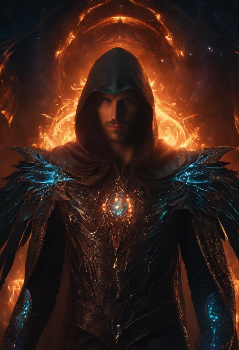 Cosmic Fallen Angel, Glowing light eyes, biomechanical, eldritch, Creepy, nightmarish, Very bright colors, light particles, with luminous light, Mshiff, Wallpaper Art, UHD wallpaper, Anaquil Skywalker, 15 years, medieval garb