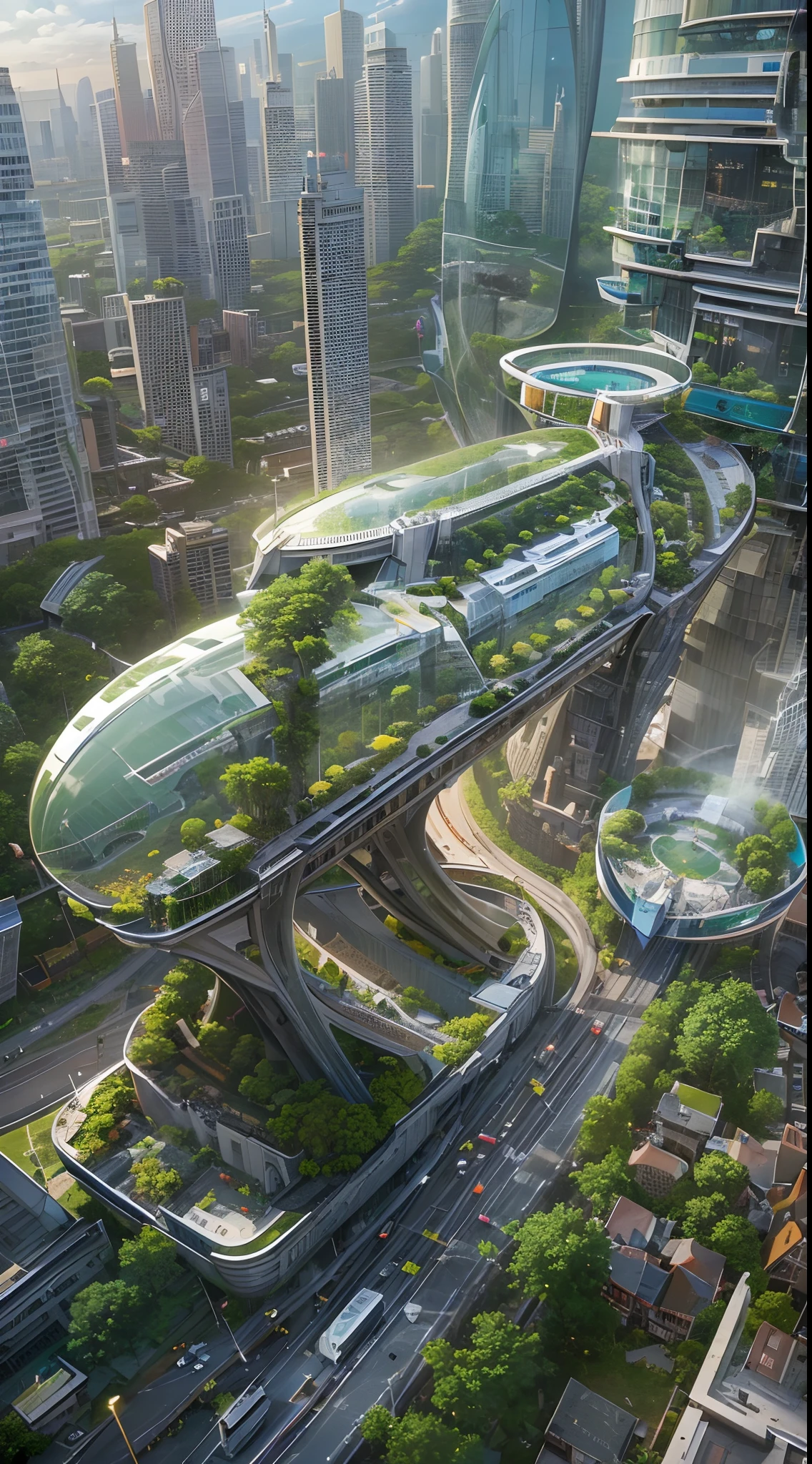 (Best quality,4K,8K,A high resolution,Masterpiece:1.2),Ultra-detailed,(Realistic,Photorealistic,photo-realistic:1.37),Wide-angle lens, Futuristic city, Smart Forest City, Smart cityscape,Mayan heritage, The interaction of nature and the divine world, An organic fusion of nature and urban elements, Streets of the future, Modern age city, planties, The vegetation is intertwined with the urban landscape, Harmonious synthesis, Futuristic architecture, Advanced technology, Lush greenery, futuristic skyscrapers, Vibrant colors, Nature-inspired design, Intelligent infrastructure, sustainable development, clean energy, Advanced transportation system, Floating garden, High-tech architecture, Connected ecosystem, Urban biodiversity, High-tech urban planning, Intelligent lighting system, Lively atmosphere, Futuristic mode of transportation (flying cars, Maglev train), aerial walkways, Transparent dome, Innovative urban agriculture, Vertical garden, holographic displays, Augmented reality integration, futuristic fashion, High-tech gadgets, Multicultural influence, Bustling city life