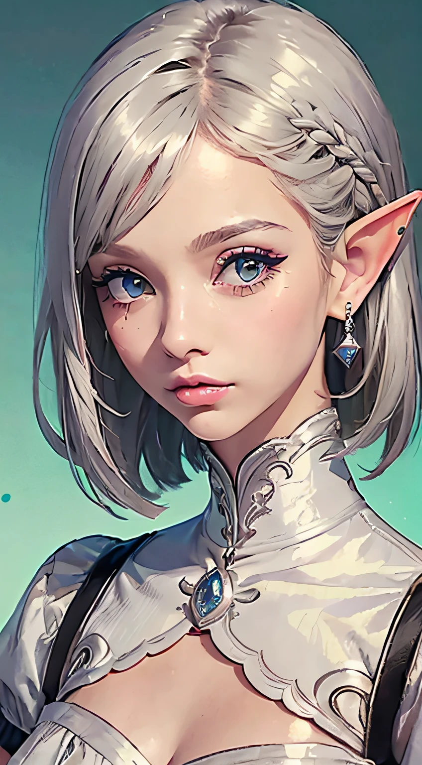 (Best quality, Masterpiece), 1girll, Beautiful girl, brown_Eyes, ((Hair color [Silver hair], [Elf cut bangs] Hair)), Earrings, Lips, Short sleeves,Realistic, Narrow waist, Charming, Colorful makeup, Long eyelashes, Fair skin, (Cute), (Detailed face), Detailed eyes, detailed iris,