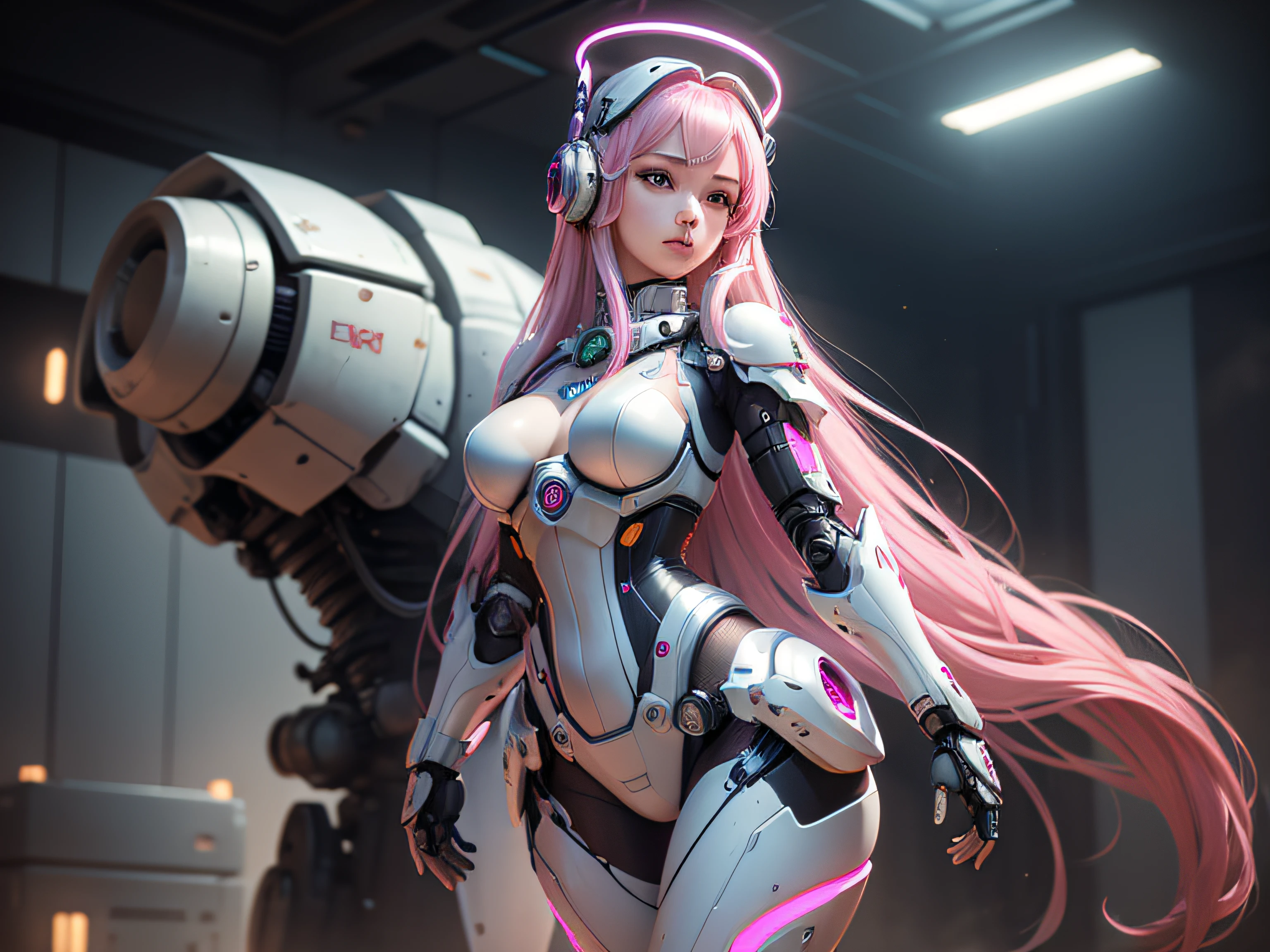 photorealistic, high resolution, soft light,1women, solo, hips up, (detailed face), pink hair, long hair, mecha musume, mechanical parts, robot joints, single mechanical arm, headgear, mechanical halo, star halo, electric mechanical bodysuit, mecha corset, kimono, full armor