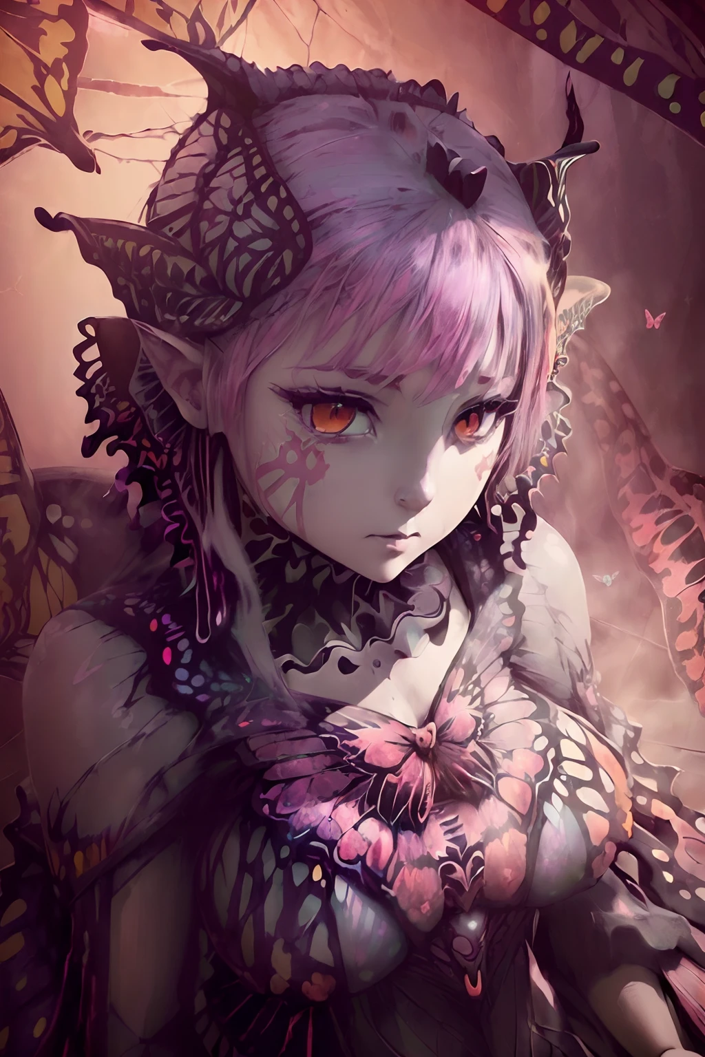 Ambilight、masterpiece、An ultra-high picture quality、(ultra detailed original illustration)、(Portrait of a beautiful devil girl:1.5)、The upper part of the body、Crown of bones、(red eyes:1.5、double exposure、fussion of fluid abstract art、glitched、2D)、(Composition of Gothic Eugenal Illustration)、(fusion of limited color、Fractal geometry、butterflys、Photorealsitic:1.8)
