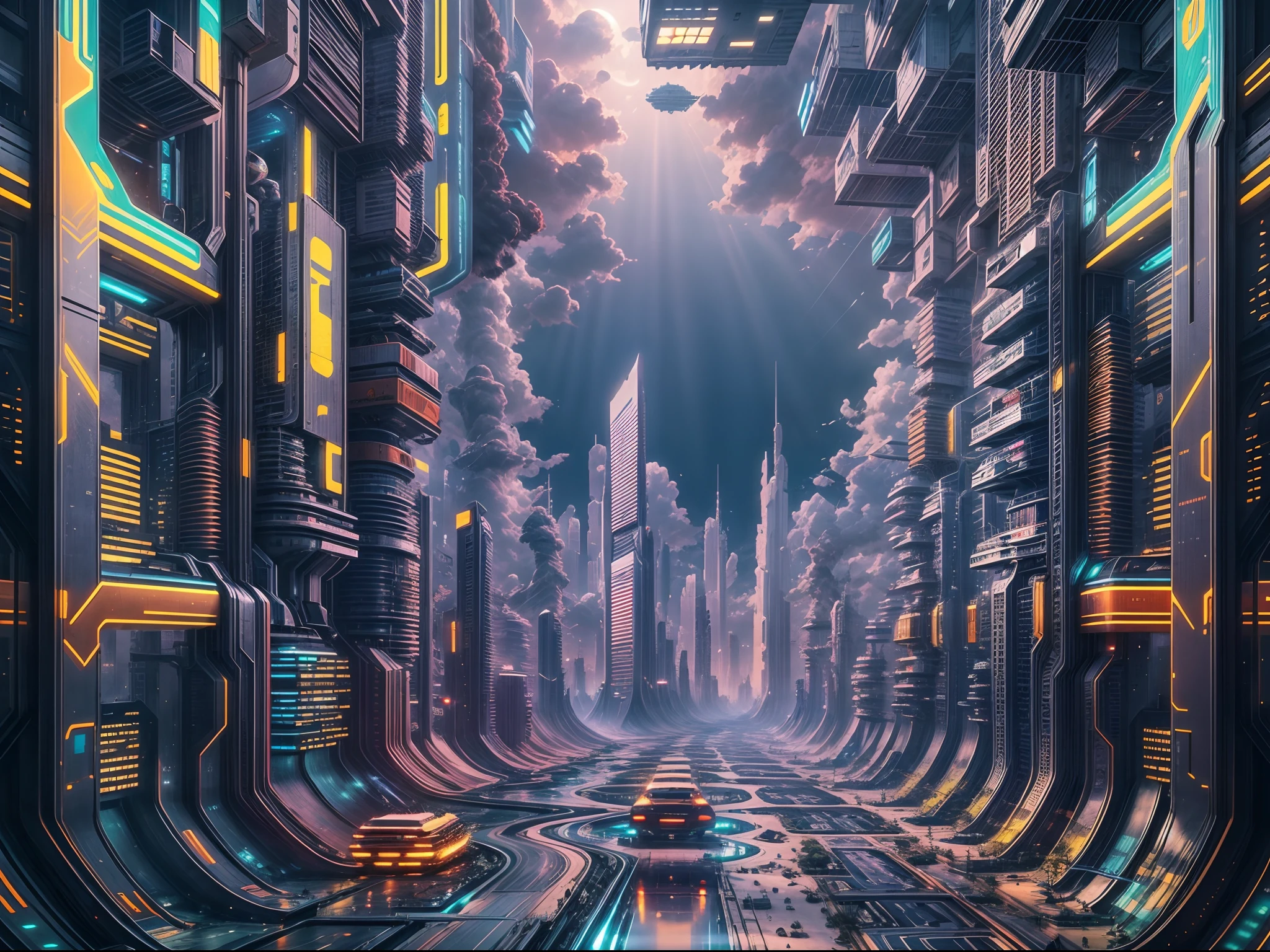 infinite mirror glitch by Larry Carlson in Glitch-art style,(best qualtiy,4K,8K,A high resolution,tmasterpiece:1.2),ultra - detailed,(realisticlying,realisticlying,photo-realistic:1.37),Cidade futuristica,Ultra-modern building,Alien buildings,vivd colour,Impressive skyline,advanced technique,Suspended vehicles,Futuristic lighting,science fiction elements,Unusual shape,Dystopian atmosphere,High-tech cityscape,