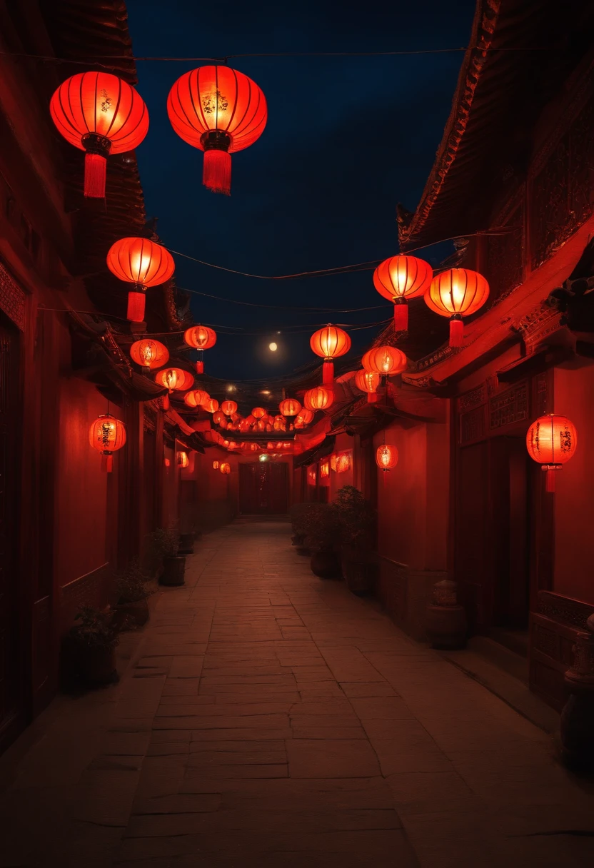 Full moon,Chinese ancient style,the street,Lanterns,8K,super wide shot,the night,Ambient light,oil painted