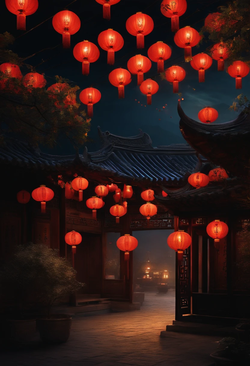 Full moon,Chinese ancient style,the street,Lanterns,8K,super wide shot,the night,Ambient light,oil painted