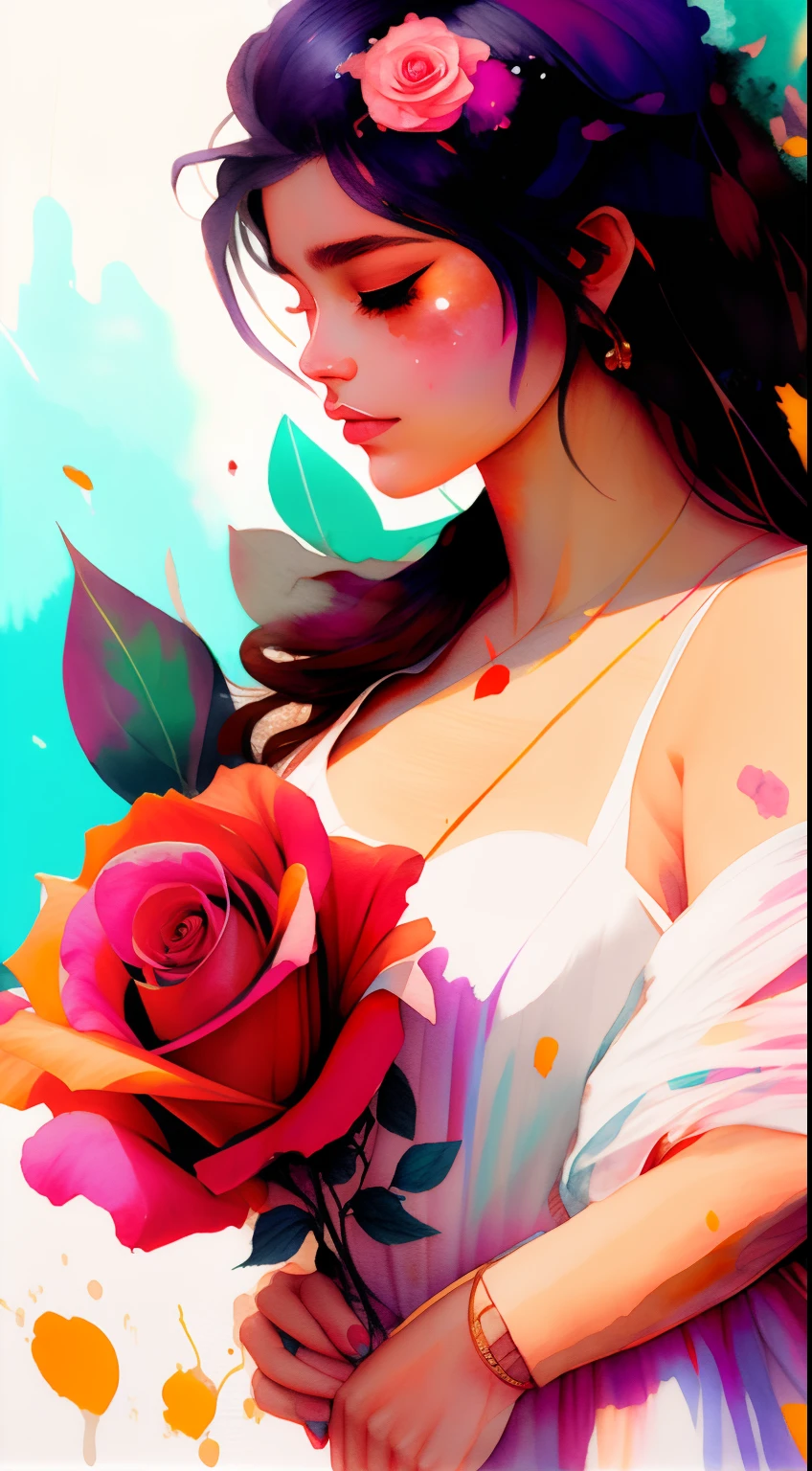 Wtrcolor style，（Woman holding a rose）Digital art，offcial art，Blowing in the wind，tmasterpiece，big breasts beautiful，（（aquarelle）），paint splatter，Complicated details。The is very detailed，[dripping:0.7]，Trends on Artstation，Rachel Walker