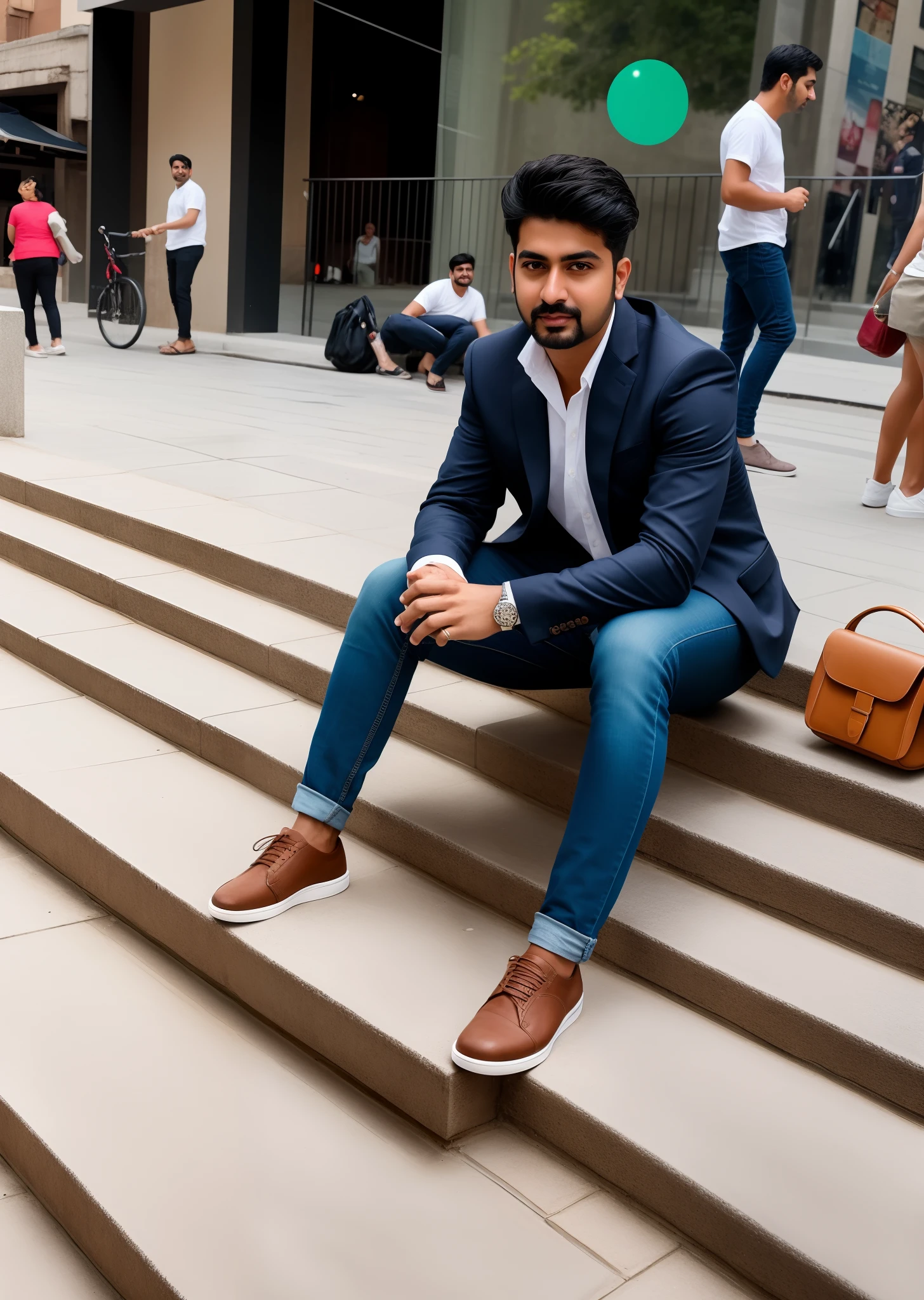 there is a man sitting on the steps of a building, candid picture, in city street, very artistic pose, very very high quality picture, with accurate face, taken with the best dlsr camera, shot on nikon z9, in sunny weather, candid photo, taken with sony alpha 9, with a cool pose, inspired by Saurabh Jethani, ultra realistic face, hyperrealistic, hyperdetailed, masterpiece, detailed face, realistic face, glow face, ultra realistic picture, editing by Photoshop, master editing picture,