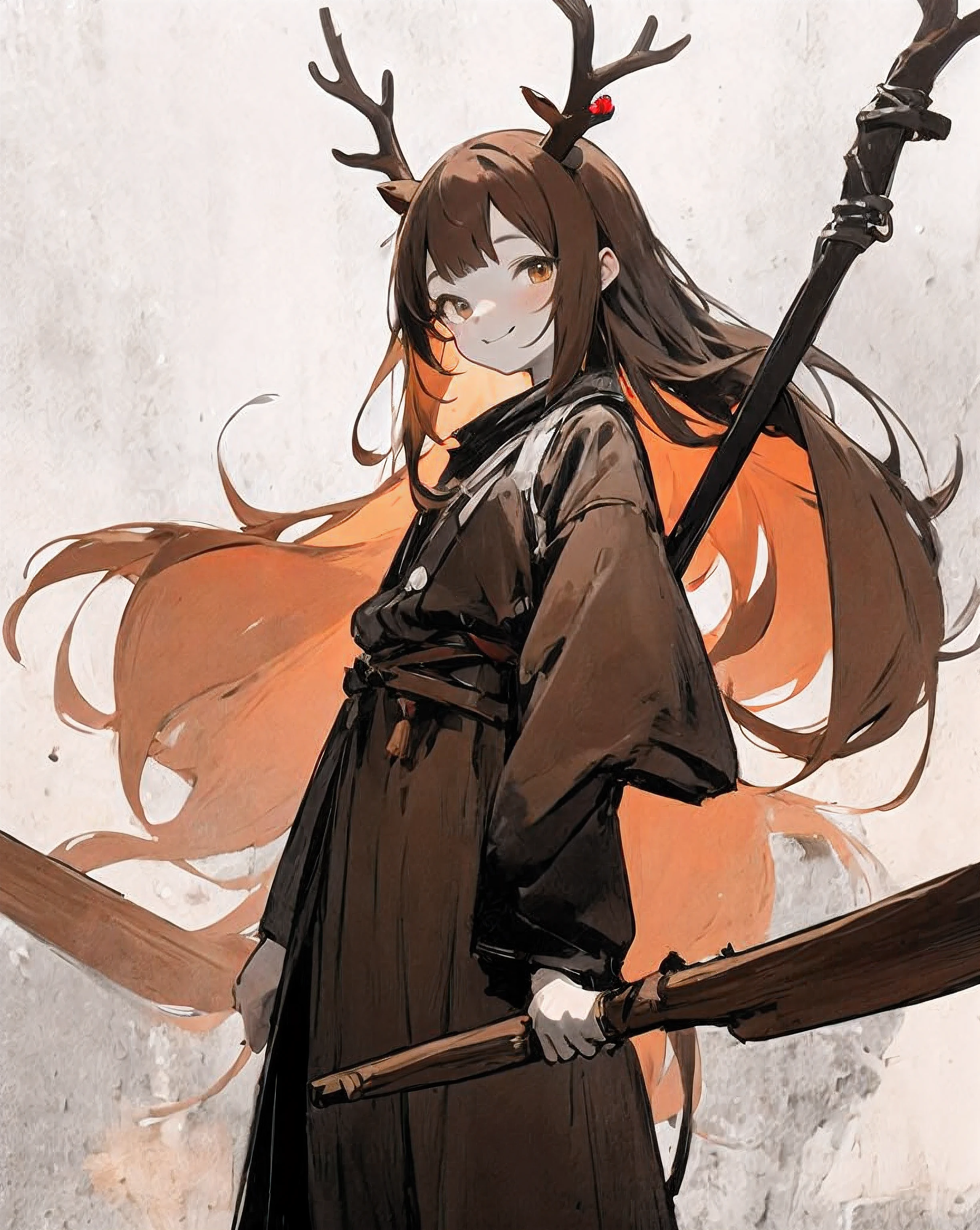 petite anime girl with a staff, tiny build, hazelnut eyes, chestnut hair, long hair, two antlers on the head, cheeky smile, standing straight, looking at viewers