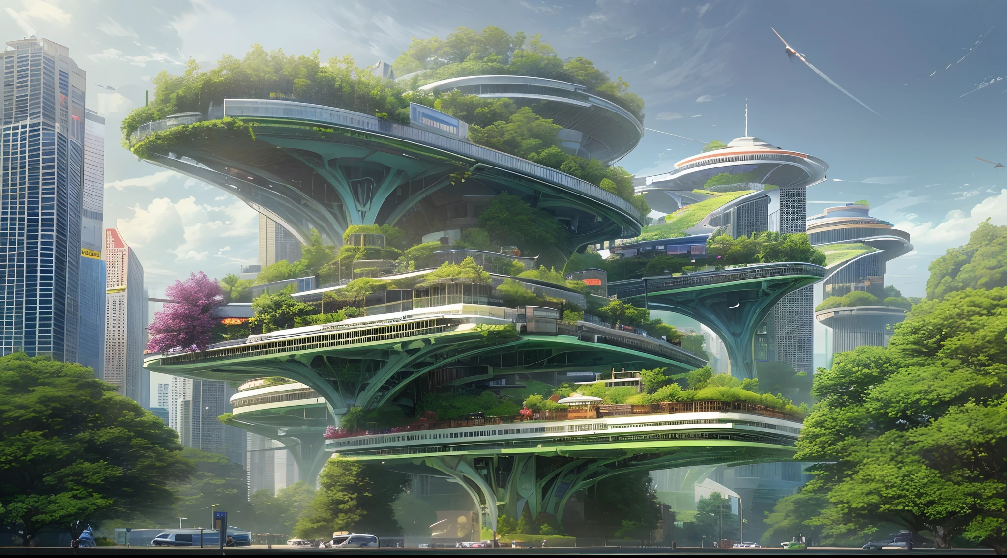 (Best quality,4K,8K,A high resolution,Masterpiece:1.2),Ultra-detailed,(Realistic,Photorealistic,photo-realistic:1.37),Wide-angle lens, Futuristic city, Smart Forest City, Smart cityscape,Mayan heritage, The interaction of nature and the divine world, An organic fusion of nature and urban elements, Streets of the future, Modern age city, planties, The vegetation is intertwined with the urban landscape, Harmonious synthesis, Futuristic architecture, Advanced technology, Lush greenery, futuristic skyscrapers, Vibrant colors, Nature-inspired design, Intelligent infrastructure, sustainable development, clean energy, Advanced transportation system, Floating garden, High-tech architecture, Connected ecosystem, Urban biodiversity, High-tech urban planning, Intelligent lighting system, Lively atmosphere, Futuristic mode of transportation (flying cars, Maglev train), aerial walkways, Transparent dome, Innovative urban agriculture, Vertical garden, holographic displays, Augmented reality integration, futuristic fashion, High-tech gadgets, Multicultural influence, Bustling city life