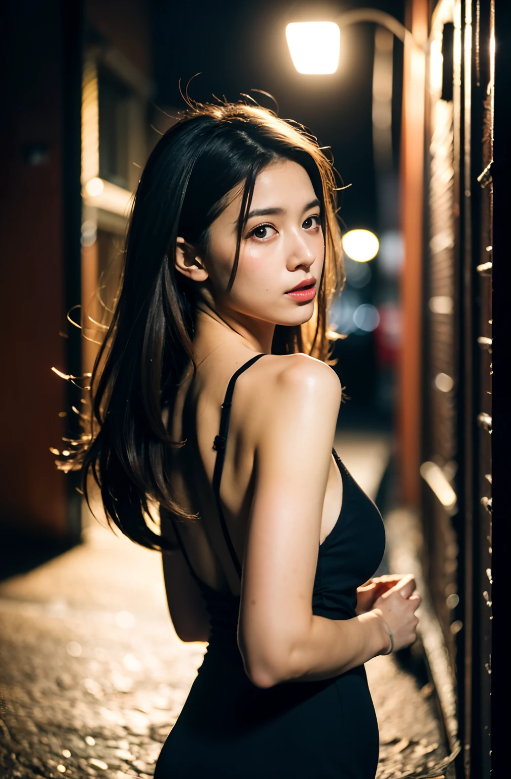 (standing in a dark street),(road light),(low-key lighting),(Night),Random posture, (extremely delicate and beautiful work), (masutepiece), 1girl in, full body Esbian, Colossal tits, length hair, enticing expression, Beautiful and clear eyes, green eye pupil, Simple blurred background, extreme detail description, Beautiful, Charming, Ultra-fine painting, Delicate face, Delicate figure, thin clavicle, Lovely lips, Beautiful breasts, soft behind, mix4,(8K, Raw photo, Best Quality, masutepiece:1.2), (Realistic, Photorealsitic:1.37),1girl in,Cute,Back alley, Night, Professional Lighting, Photon mapping, Radio City, Physically-based rendering