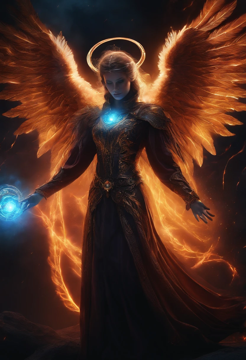 Cosmic Fallen Angel, Glowing light eyes, biomechanical, eldritch, Creepy, nightmarish, Very bright colors, light particles, with luminous light, Wallpaper Art, UHD wallpaper,medieval garb
