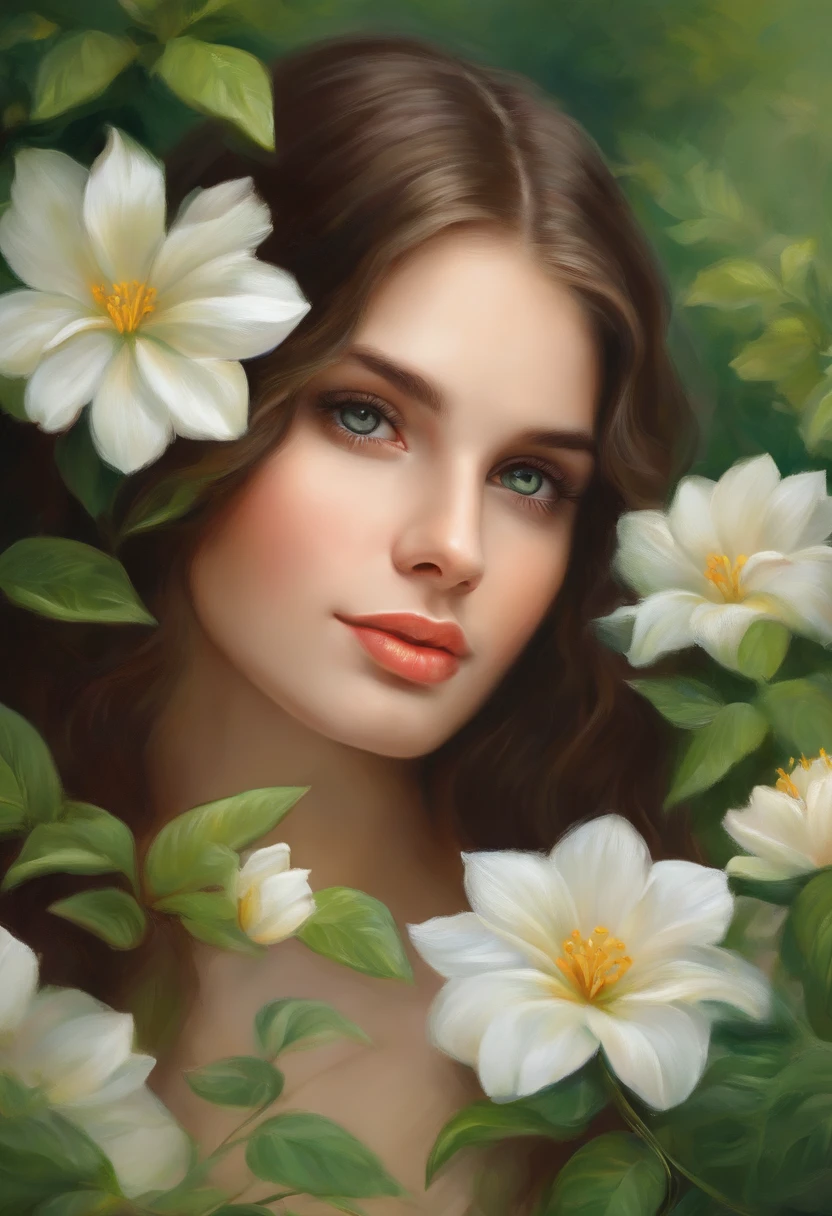 a girl in a garden, oil painting, beautiful detailed eyes, beautiful detailed lips, extremely detailed eyes and face, long eyelashes, green garden, blooming flowers, soft sunlight, peaceful atmosphere, best quality, ultra-detailed, realistic:1.37, vibrant colors, soft pastel tones, natural lighting
