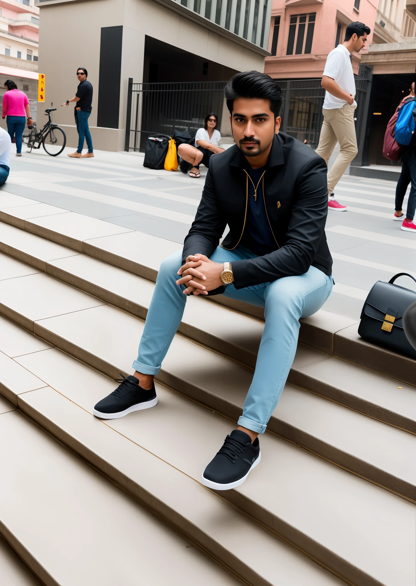 there is a man sitting on the steps of a building, candid picture, in city street, very artistic pose, very very high quality picture, with accurate face, taken with the best dlsr camera, shot on nikon z9, in sunny weather, candid photo, taken with sony alpha 9, with a cool pose, inspired by Saurabh Jethani, ultra realistic face, hyperrealistic, hyperdetailed, masterpiece, detailed face, realistic face, glow face, ultra realistic picture, editing by Photoshop, master editing picture,