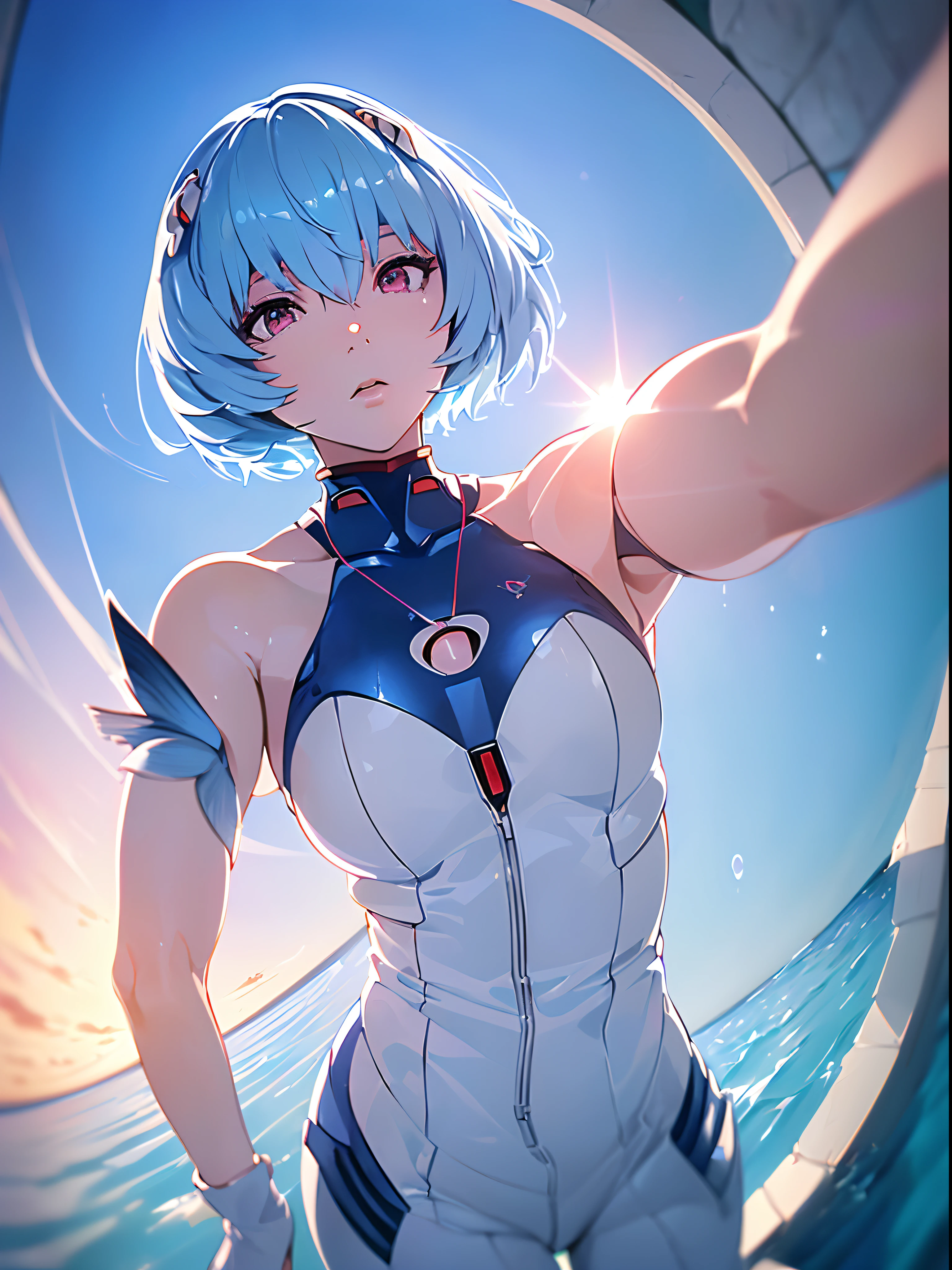 (((ayanami rei))),1girl,solo,(masterpiece,best quality, official art, beautiful and aesthetic:1.2),(ultra high res, (4k),beach,good lighting, (photon mapping, radiosity, physically-based rendering,automatic white balance), technological sense,Amazing,sharp focus,rich background, (((high detailed skin,)))dynamic lighting,intricate detailed outfit,kawaii,watery eyes,((short hair,))deadpan, skiny,  turtle neck, body suit, mechs,(masterpiece sidelighting),(bishoujo,lustrous),(sky blue hair,pink eyes,）[[delicate fingers and hands:0.55]::0.85],(detail fingers),((((fisheye,selfie)))),incredibly absurdres,micro shot,focus on face,sunset, (aesthetics and atmosphere:1.2), FilmGirl