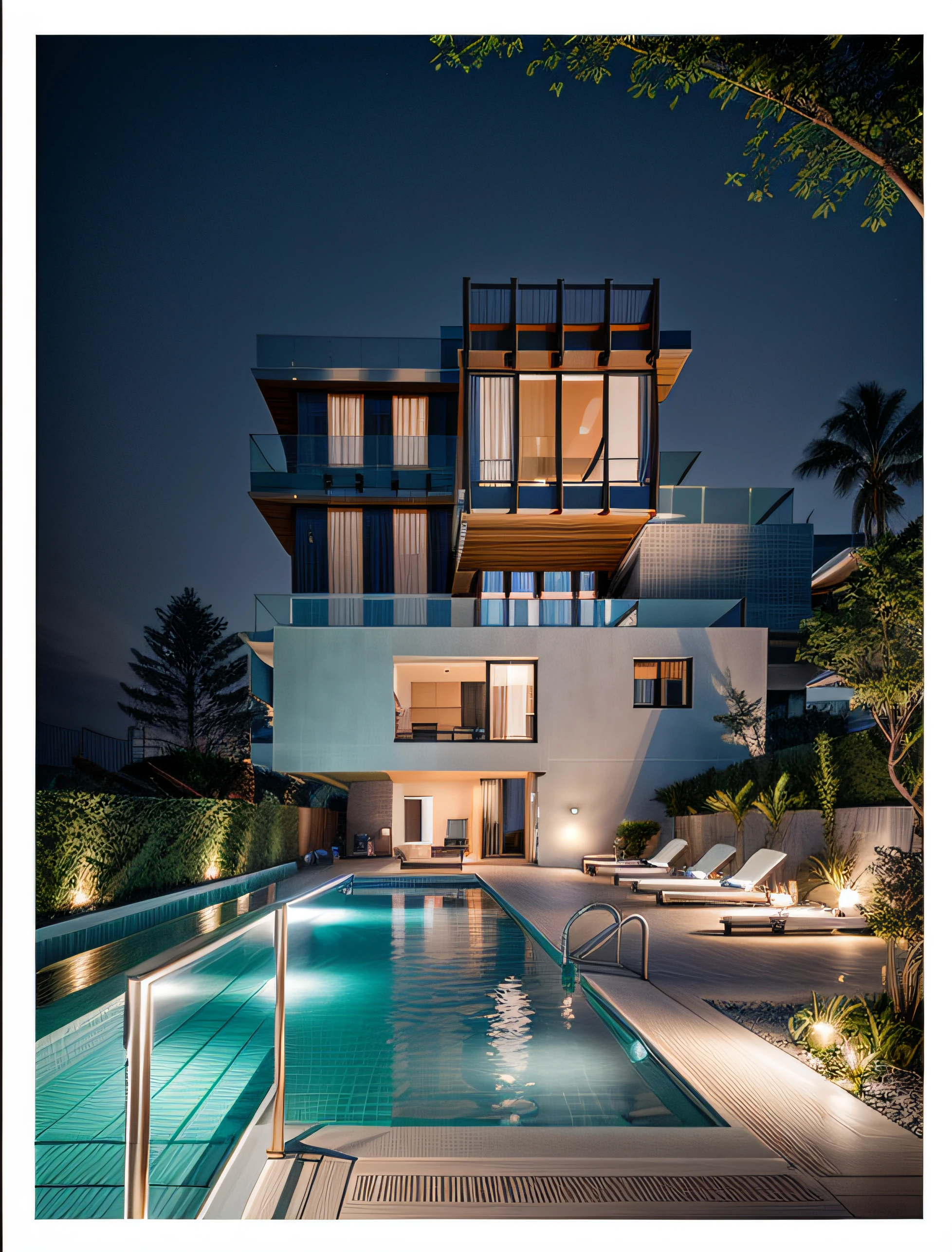 night light, light interior, modern style, villa, swiming pool, RAW photo, (high detailed skin:1.3), 8k uhd, dslr, soft lighting, ultra quality, film grain, Fujifilm XT3, sharp image, best quality, authentic, hight quality