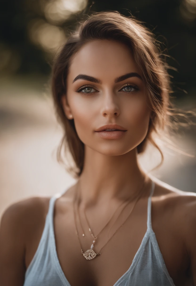 Arafed woman with a white tank top and necklace, dans un bar, fille sexy aux yeux verts clair, Portrait Sophie Mudd, cheveux courts bruns et grands yeux, selfie of a young woman, Yeux de chambre, Violet Myers, sans maquillage, maquillage naturel, looking straight at camera, Visage avec Artgram, Maquillage subtil, Superbe photo du corps entier, piercing green eyes, Bel angle, pose attrayante, fille mignonne, sexy pose, Image du corps entier, corps entier, Prise de vue du corps entier, brunette goddess, High detail, pose satisfaite, Porter une jupe grise et des bottes, jupe, Bottes