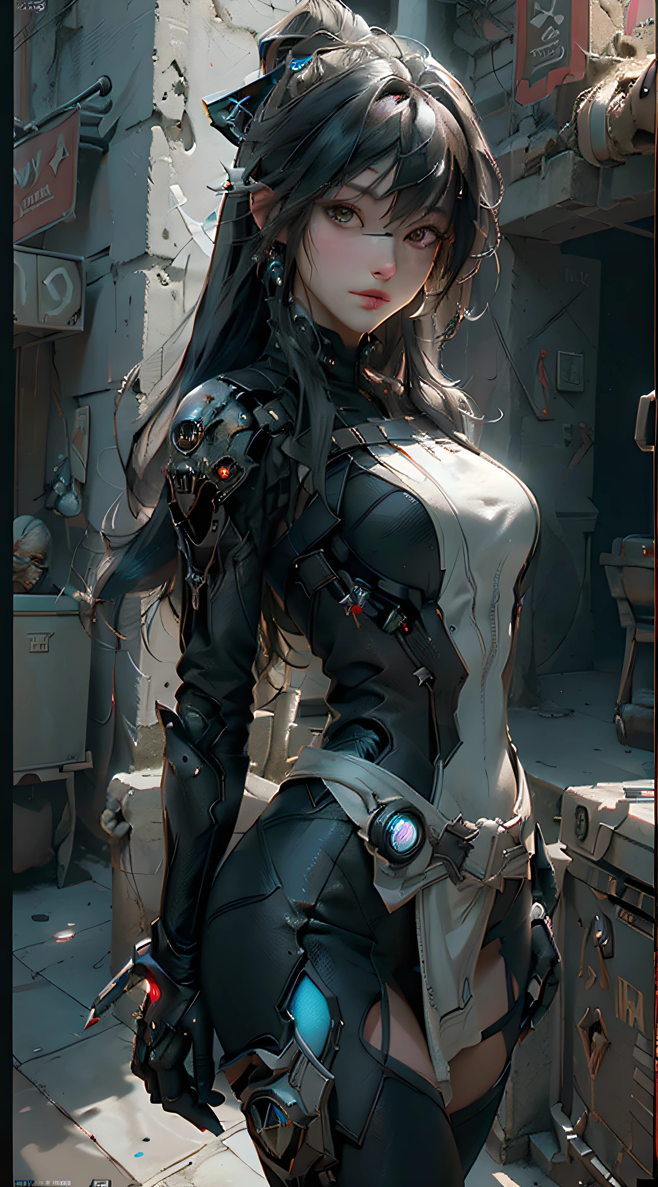 ((best qualtiy)), ((tmasterpiece)), (the detail:1.4), 3D girl, A beautiful cyberpunk female image,brown hair,Dark blue eyes,white colored eyelashes,Dressed in black,hdr(HighDynamicRange),Ray traching,NVIDIA RTX,Hyper-Resolution,Unreal 5,Subsurface scattering、PBR Texture、post-proces、Anisotropy Filtering、depth of fields、maximum definition and sharpness、Many-Layer Textures、Albedo e mapas Speculares、Surface coloring、Accurate simulation of light-material interactions、perfectly proportions、rendering by octane、Two-colored light、largeaperture、Low ISO、White balance、the rule of thirds、8K raw data、