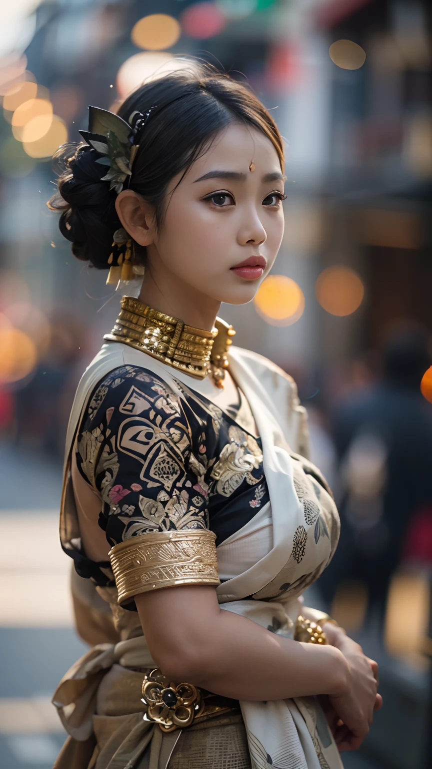 (((balinese woman))), big eyes, chubby face, natural skin, wearing traditional costume, charming black hair, ((hair ends are blonde)), city streets background, bokeh