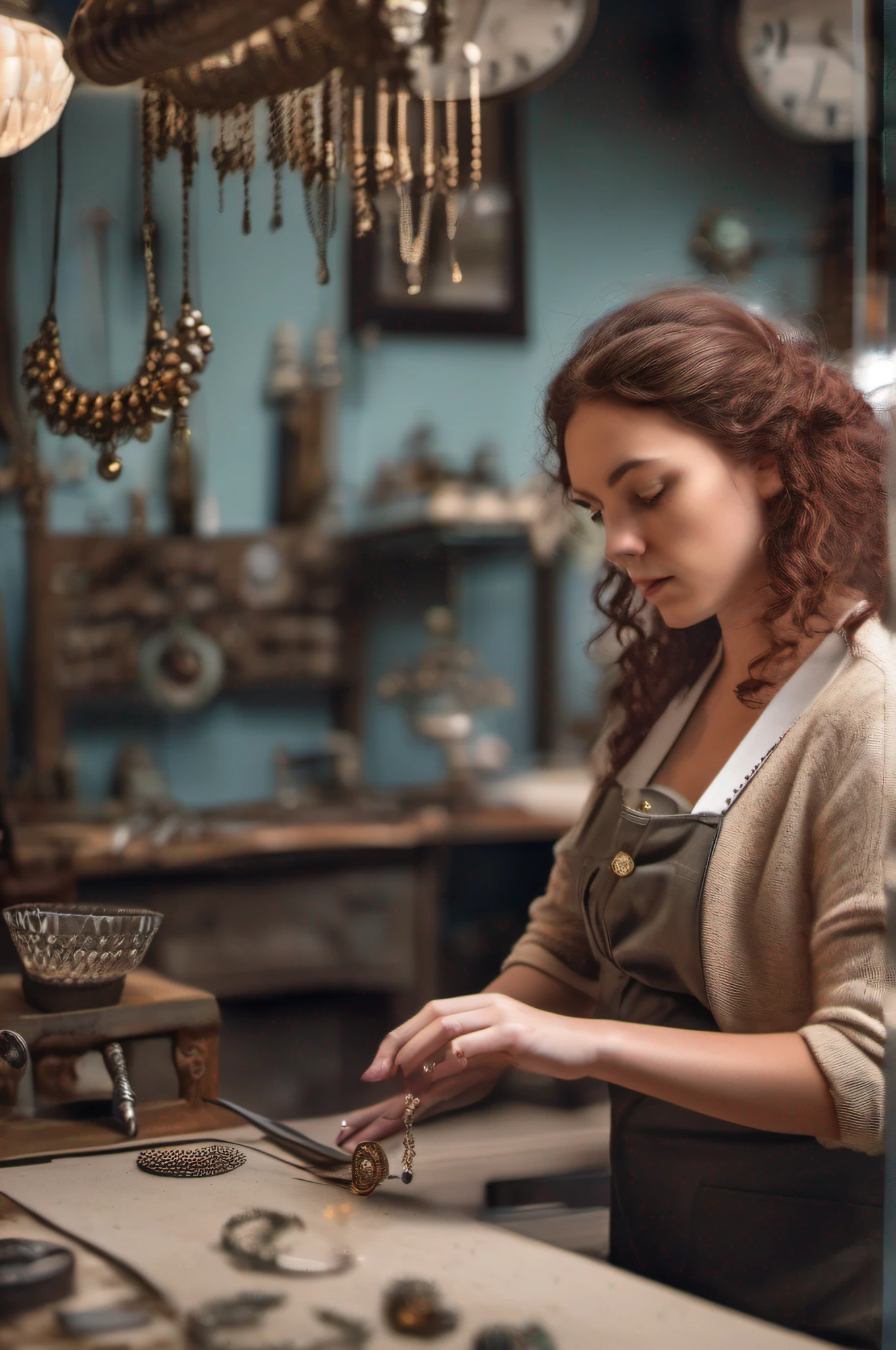 Girl with curly dark red hair creating silver jewellery at a jeweller's bench, photorealistic