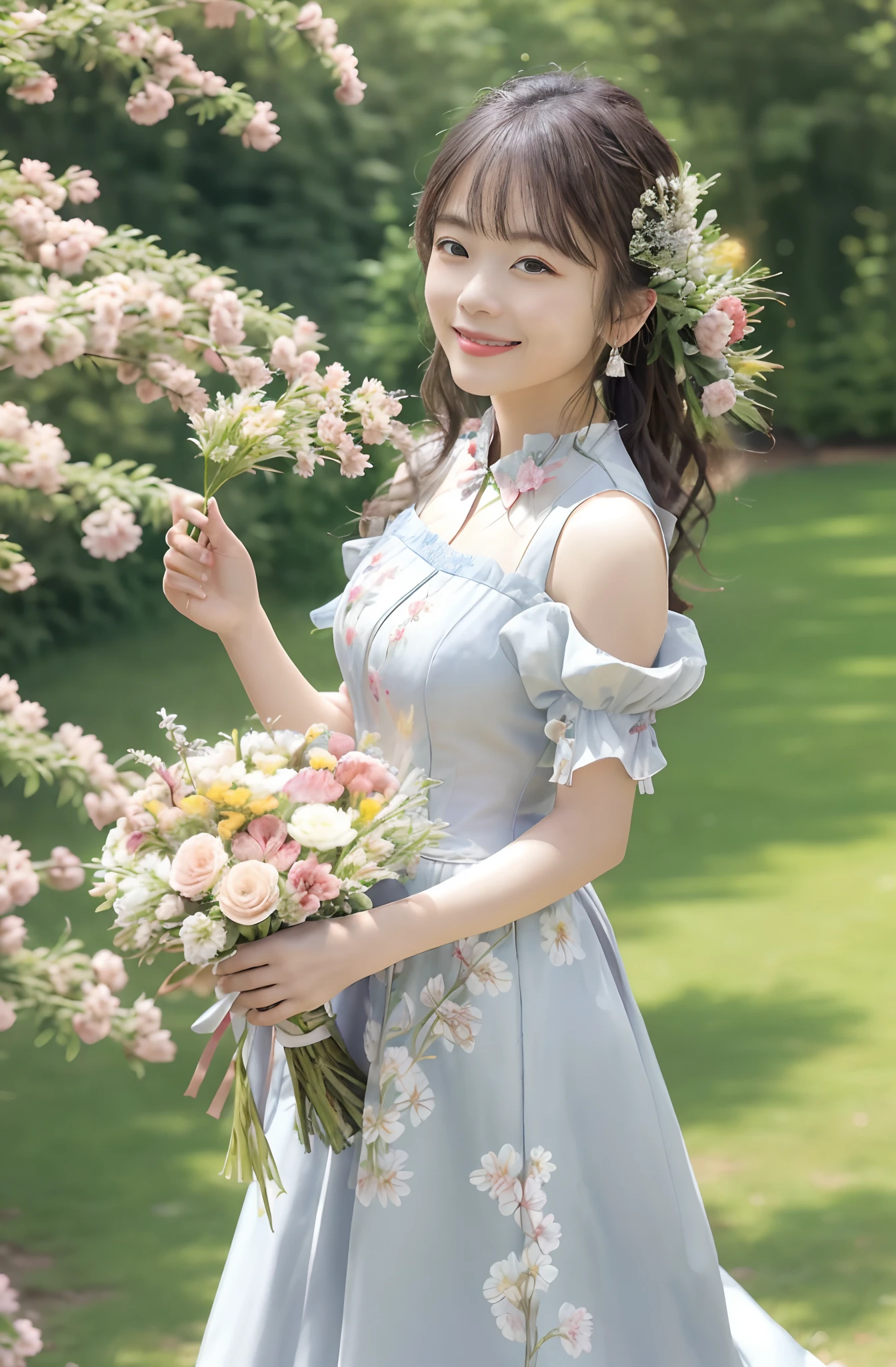 (​masterpiece、top-quality、Real raw photos、Extremely high quality、high-level image quality、Extremely sensitive writing)Girl with long silver hair standing in beautiful flowery garden、A slight smile、She has a large bouquet、Cute national costume style dress with ruffles on the shoulders、Hair fluttering in the wind