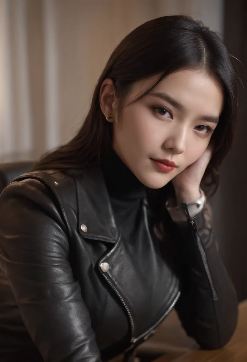 The upper part of the body is covered with black leather gloves to the tips of the fingers in both hands, Black leather jacket with double rider, Slim necklace, Young and cute Japanese girl with beautiful black hair, sitting at night on a black leather chair facing the table in the president's room, sitting on a cheek stick