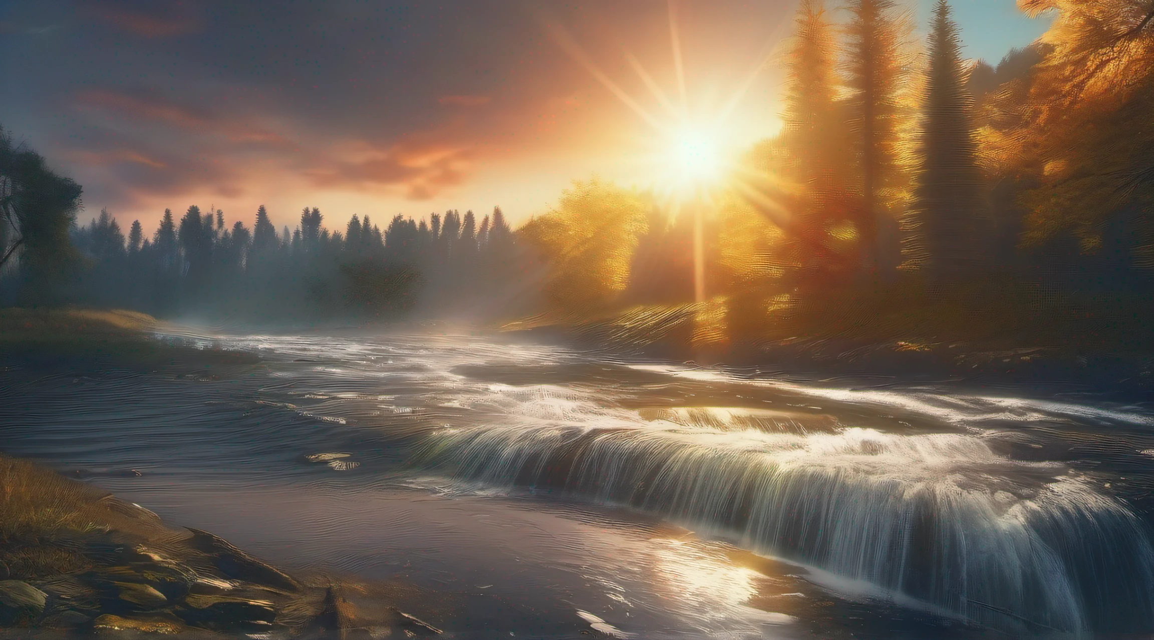 A bright sun is visible above the sky and a stream is flowing below.