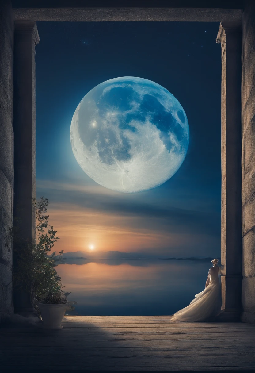 blue backdrop,A bright moon ,Other elements do not