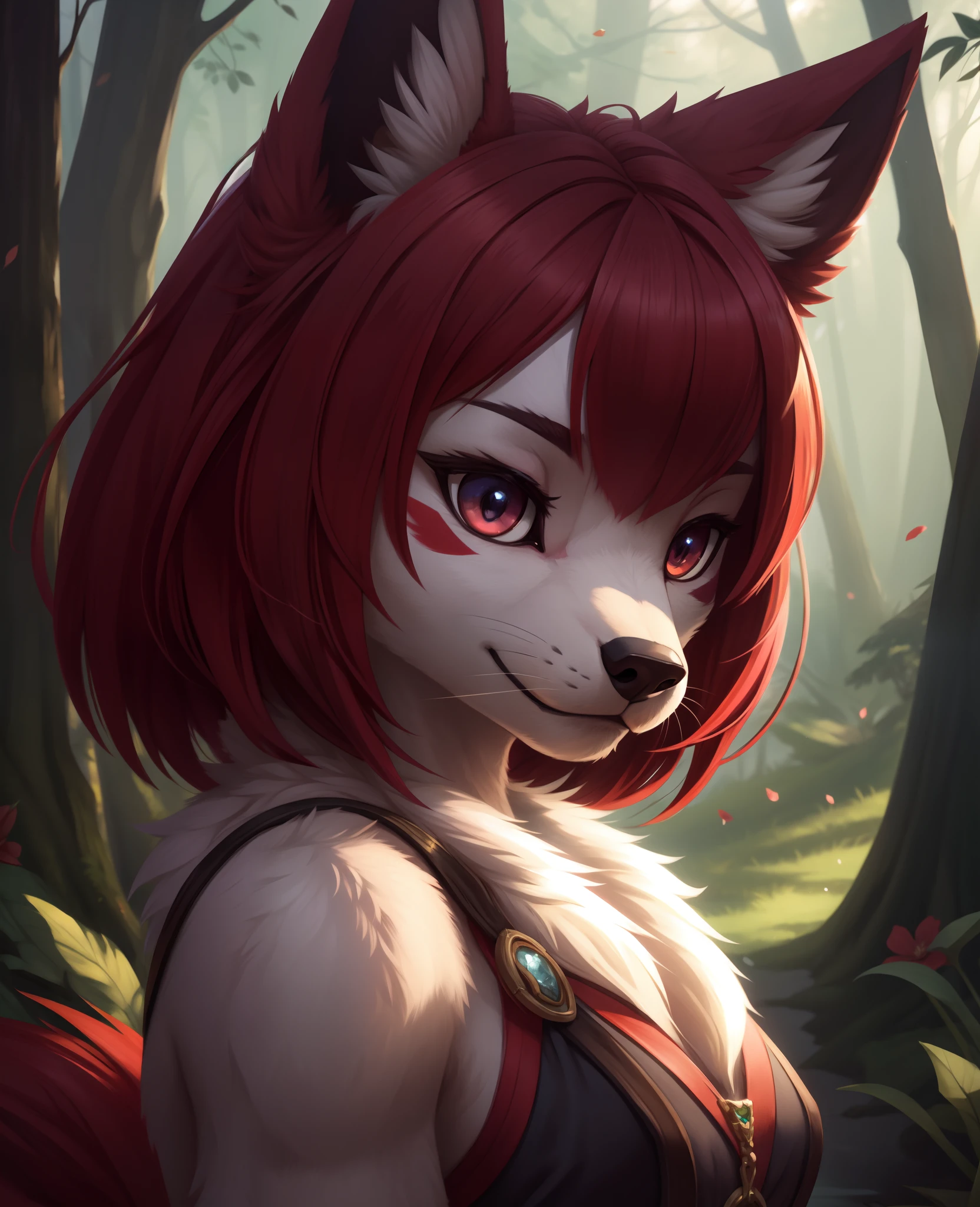 araffe with red hair and a furry tail in the woods, very very beautiful furry art, dramatic cinematic detailed fur, furry art, furry fantasy art, loish and wlop, anthro art, furry wolf, pov furry art, furry art!!!, kemono, 🌺 cgsociety, furry mawshot art, loish |, zorua pokemon, detailed fanart,