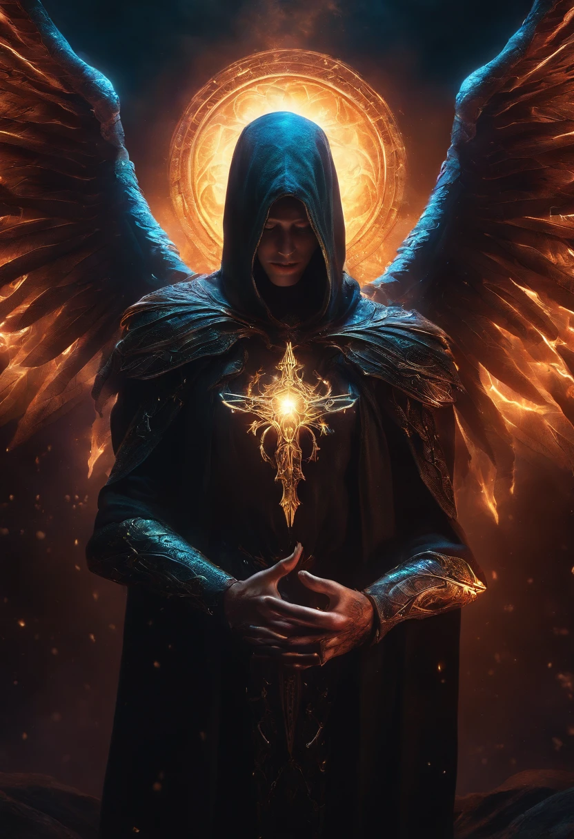 Cosmic Fallen Angel, Malthael, sickles in hands, Glowing light eyes, biomechanical, eldritch, Creepy, nightmarish, Very bright colors, light particles, with luminous light, Wallpaper Art, UHD wallpaper,medieval garb