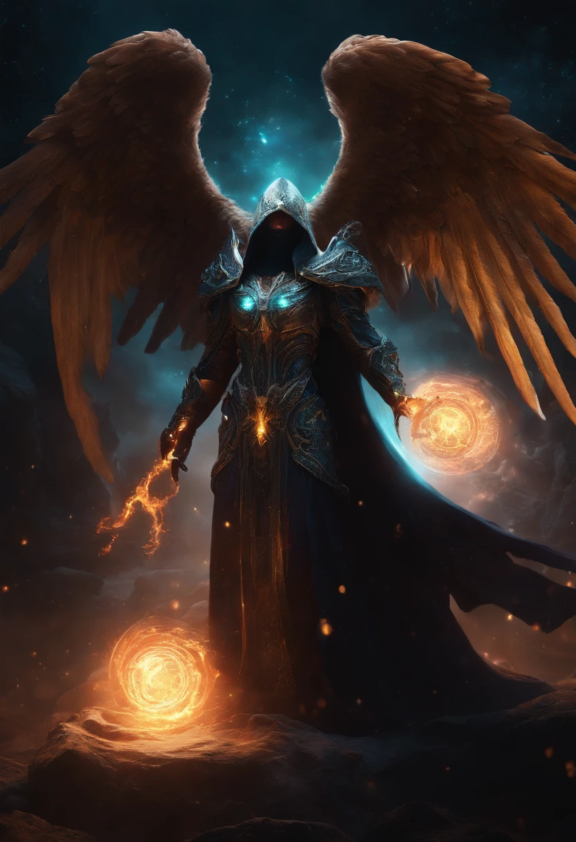 Cosmic Fallen Angel, Malthael, sickles in hands, Glowing light eyes, biomechanical, eldritch, Creepy, nightmarish, Very bright colors, light particles, with luminous light, Wallpaper Art, UHD wallpaper,medieval garb