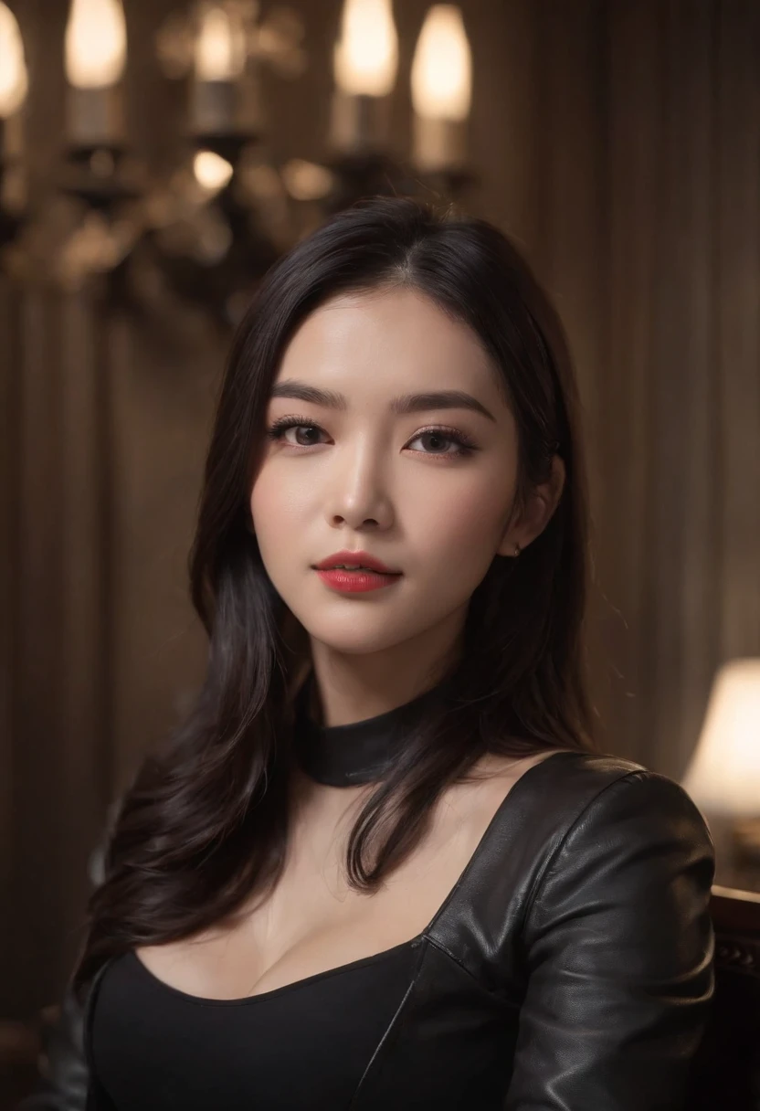 Wearing black leather gloves up to the fingertips in both hands and covering the upper body, black leather double riders jacket, slender necklace, a young and cute Japanese girl with beautiful black hair, sitting on a black leather chair facing the desk in the president's room at night