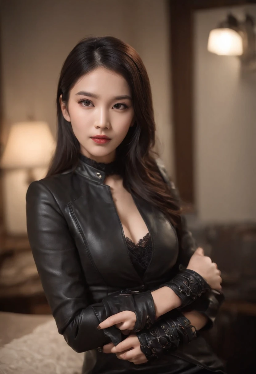 Upper body covered with black leather gloves up to the fingertips in both hands, black leather double riders jacket, slender necklace, young and cute Japanese girl with beautiful black hair, sitting on a black leather chair facing the desk in the president's room at night, sitting on a cheek stick