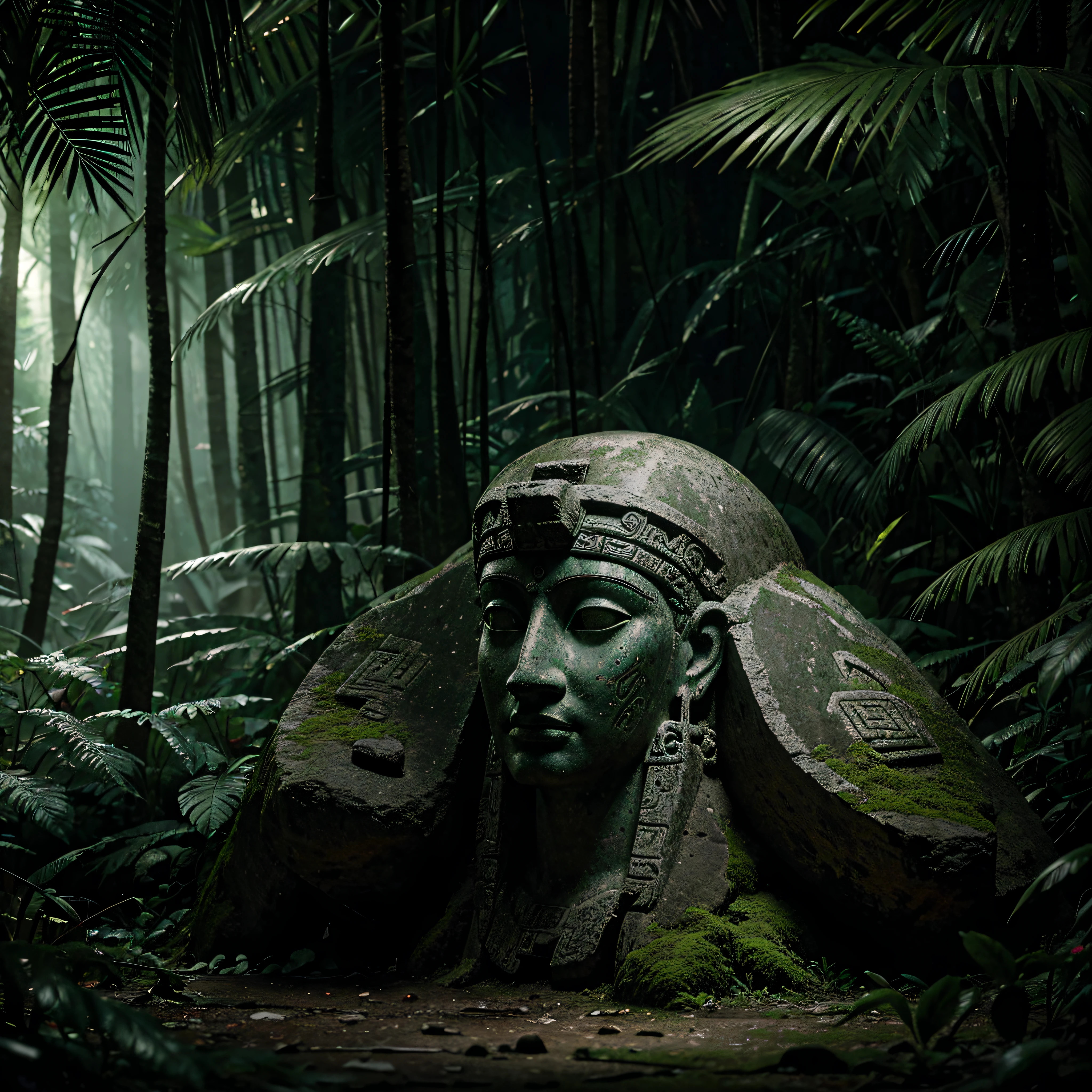 Ancient Mayan glyphs ancient totem sculptures, in the tropical rainforest, mysterious and eerie atmosphere hidden in a dense INTRIGATELY rainforest, film, studio lighting, intricately detailed foliage, ultra realistic, bokeh, sharp features, a unique and completely random meticulous and complex image, random topic , realistic and immersive relevant background, atmospheric effects, Ultra-HD, Super resolution, hyperphotorealistic, Reflections, cinematic lighting, Tone mapping, perfect aspect ratio, Texture, immersive camera angle