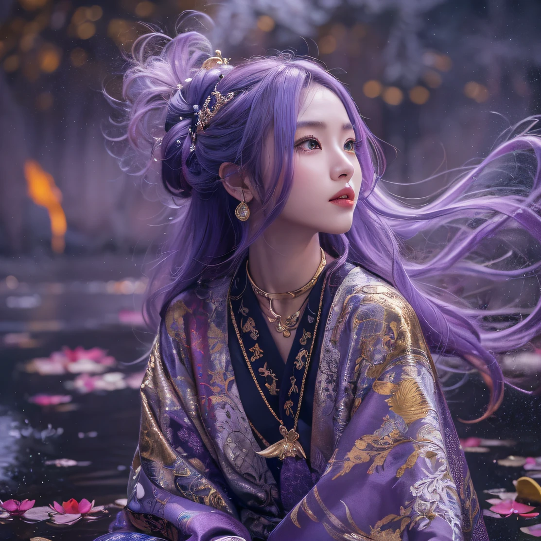 Genki Girl 32K（tmasterpiece，k hd，hyper HD，32K）Long flowing bright purple hair，Autumn Pond，zydink， a color， Asian people （Genki girl）， （Silk scarf）， Combat posture， looking at the ground， long whitr hair， Floating bright purple， Fire cloud pattern gold tiara， Chinese long-sleeved gold silk garment， （Abstract metaverse splash：1.2）， white backgrounid，Lotus vitality protector（realisticlying：1.4），Bright purple hair，Smoke on the road，The background is pure， A high resolution， the detail， RAW photogr， Sharp Re， Nikon D850 Film Stock Photo by Jefferies Lee 4 Kodak Portra 400 Camera F1.6 shots, Rich colors, ultra-realistic vivid textures, Dramatic lighting, Unreal Engine Art Station Trend, cinestir 800，A girl with long flowing bright purple hair