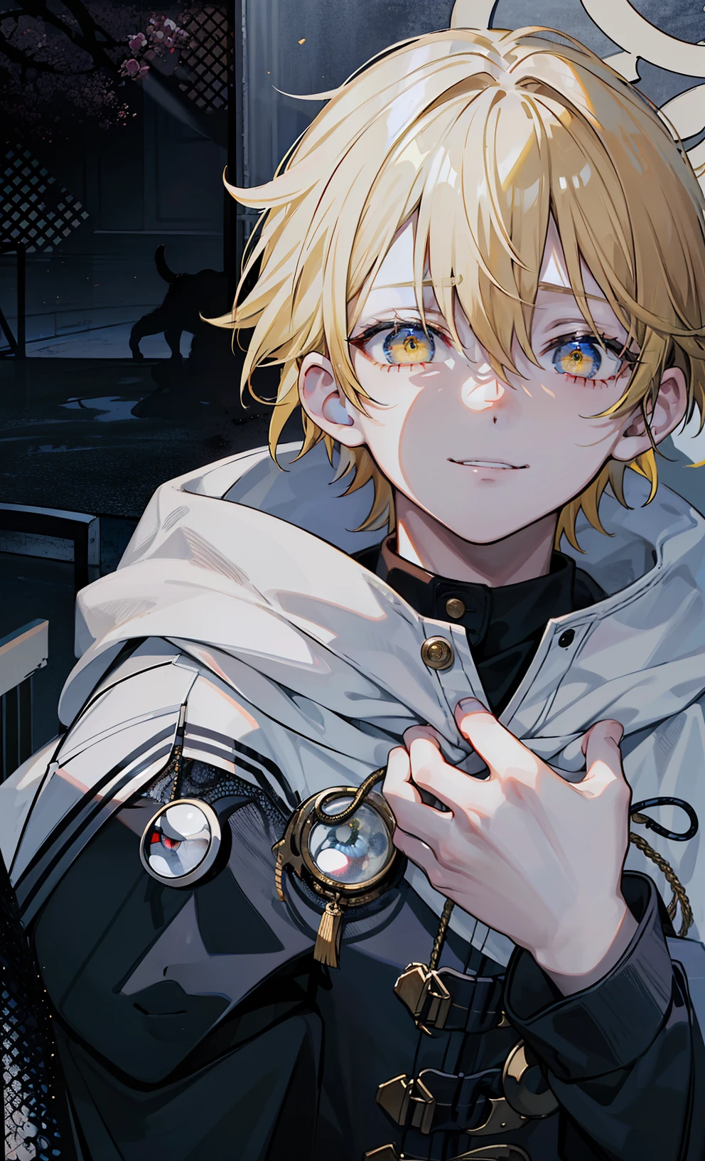 (((1boy))), ((Tonificado)), With a smile,blond,Emphasis on men, masterpiece, hightquality, (masterpiece:1.2), (top-quality:1.2), shinny skin, realist, ornate, Convoluted, ((yellow hair)), (short-haired), Blue cat eyes, cat eyes eyes, fringe, hair between eye, up looking_で_viewer, Holding_Fans, Red_eye line, nffsw, sad eyes, look at viewr, pupils constricted, dynamicposes, (shadows cast over the face:1.3), dark chamber, Shade Room, sad Facial expression , (The upper part of the body), Traditional Chinese Paints
