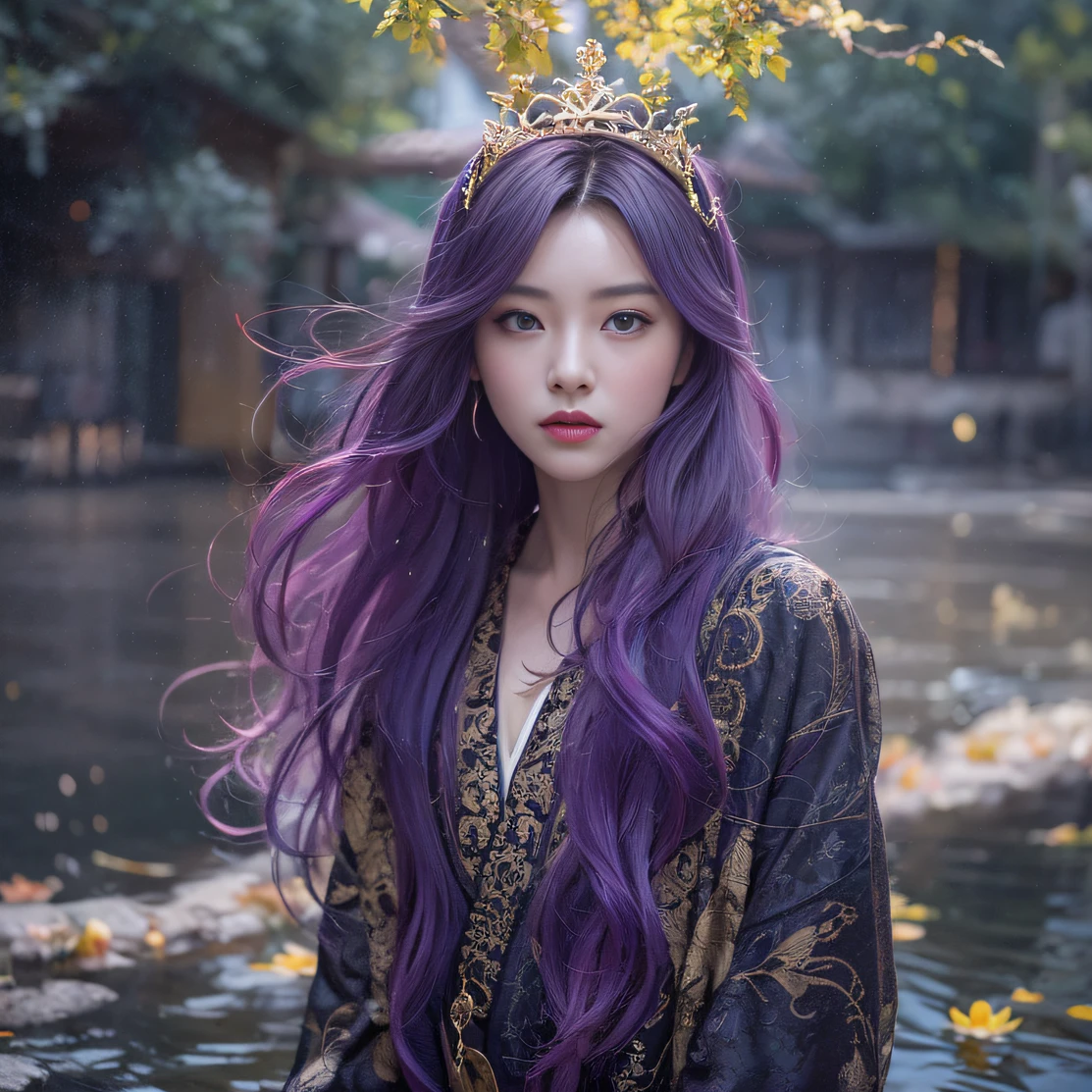 Genki Girl 32K(tmasterpiece,k hd,hyper HD,32K)Long flowing bright purple hair,Autumn Pond,zydink, a color, Asian people (Genki girl), (Silk scarf), Combat posture, looking at the ground, long whitr hair, Floating bright purple, Fire cloud pattern gold tiara, Chinese long-sleeved gold silk garment, (Abstract metaverse splash:1.2), white backgrounid,Lotus vitality protector(realisticlying:1.4),Bright purple hair,Smoke on the road,The background is pure, A high resolution, the detail, RAW photogr, Sharp Re, Nikon D850 Film Stock Photo by Jefferies Lee 4 Kodak Portra 400 Camera F1.6 shots, Rich colors, ultra-realistic vivid textures, Dramatic lighting, Unreal Engine Art Station Trend, cinestir 800,A girl with long flowing bright purple hair