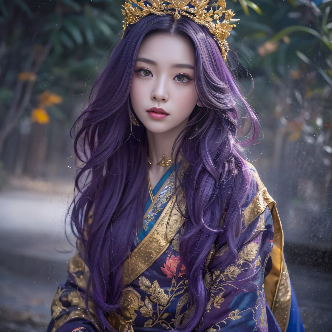 Genki Girl 32K(tmasterpiece,k hd,hyper HD,32K)Long flowing bright purple hair,Autumn Pond,zydink, a color, Asian people (Genki girl), (Silk scarf), Combat posture, looking at the ground, long whitr hair, Floating bright purple, Fire cloud pattern gold tiara, Chinese long-sleeved gold silk garment, (Abstract metaverse splash:1.2), white backgrounid,Lotus vitality protector(realisticlying:1.4),Bright purple hair,Smoke on the road,The background is pure, A high resolution, the detail, RAW photogr, Sharp Re, Nikon D850 Film Stock Photo by Jefferies Lee 4 Kodak Portra 400 Camera F1.6 shots, Rich colors, ultra-realistic vivid textures, Dramatic lighting, Unreal Engine Art Station Trend, cinestir 800,A girl with long flowing bright purple hair