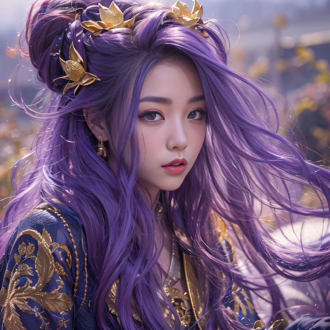 Genki Girl 32K(tmasterpiece,k hd,hyper HD,32K)Long flowing bright purple hair,Autumn Pond,zydink, a color, Asian people (Genki girl), (Silk scarf), Combat posture, looking at the ground, long whitr hair, Floating bright purple, Fire cloud pattern gold tiara, Chinese long-sleeved gold silk garment, (Abstract metaverse splash:1.2), white backgrounid,Lotus vitality protector(realisticlying:1.4),Bright purple hair,Smoke on the road,The background is pure, A high resolution, the detail, RAW photogr, Sharp Re, Nikon D850 Film Stock Photo by Jefferies Lee 4 Kodak Portra 400 Camera F1.6 shots, Rich colors, ultra-realistic vivid textures, Dramatic lighting, Unreal Engine Art Station Trend, cinestir 800,A girl with long flowing bright purple hair