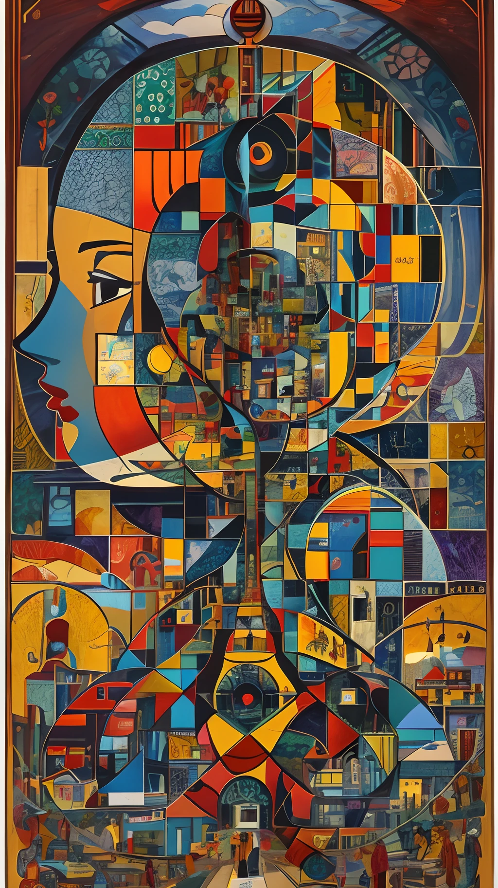 Pictorial representation of the relationship between human nature, technology and nature, with technological elements, representation of human nature, with natural elements, illustration, composition, cubism --auto --s2
