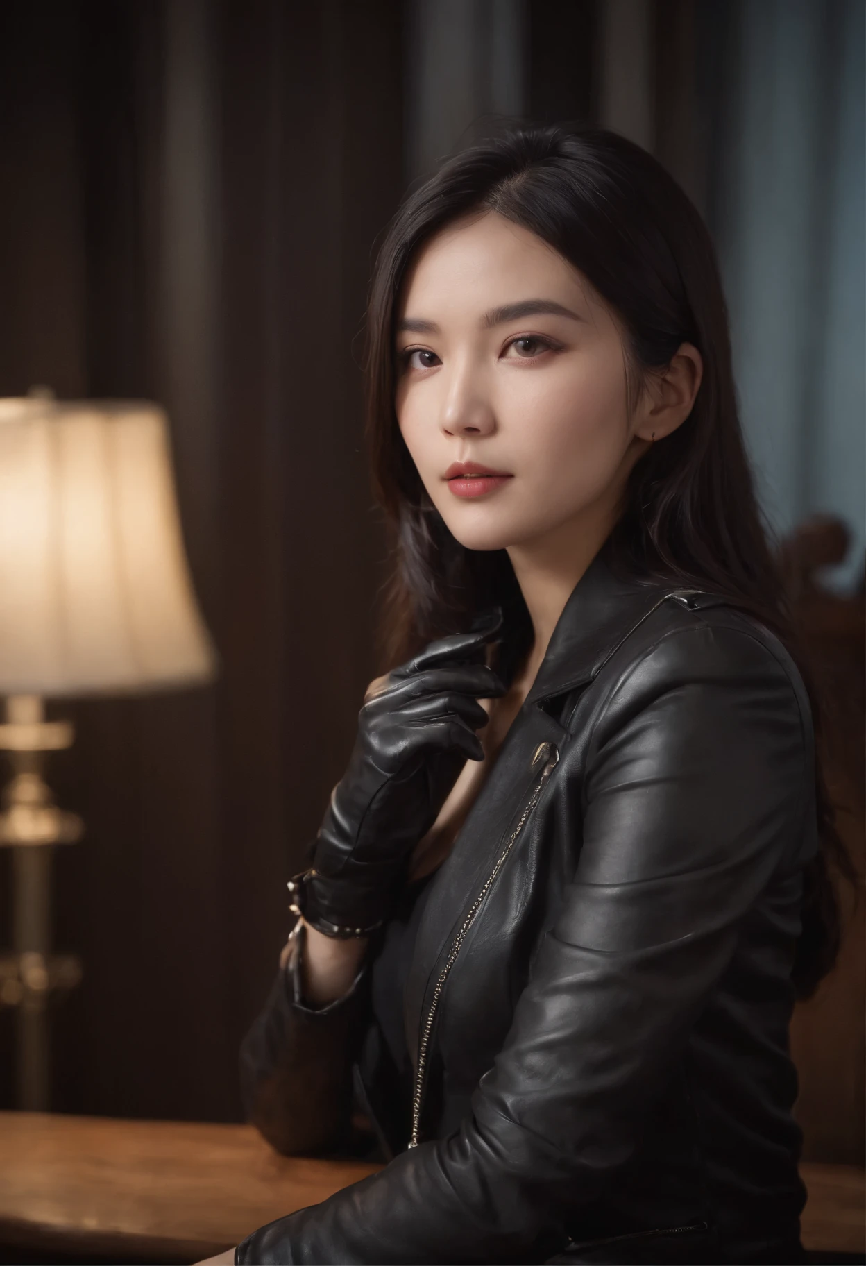 Upper body covered with black leather gloves up to the fingertips in both hands, black leather double riders jacket, slender necklace, young and cute Japanese girl with beautiful black hair, sitting on a black leather chair facing the desk in the president's room at night, sitting on a cheek stick