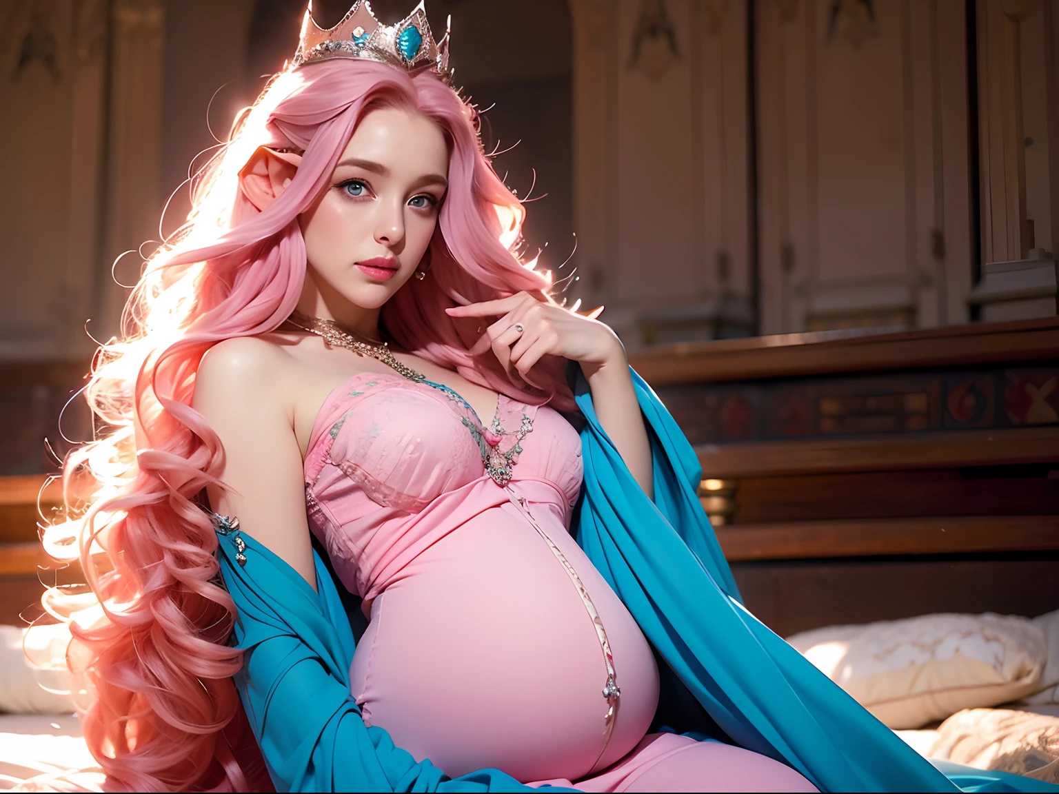 A woman, long curly hair, pink hair, blue eyes, elf, pregnant, sitting, crown, queen
