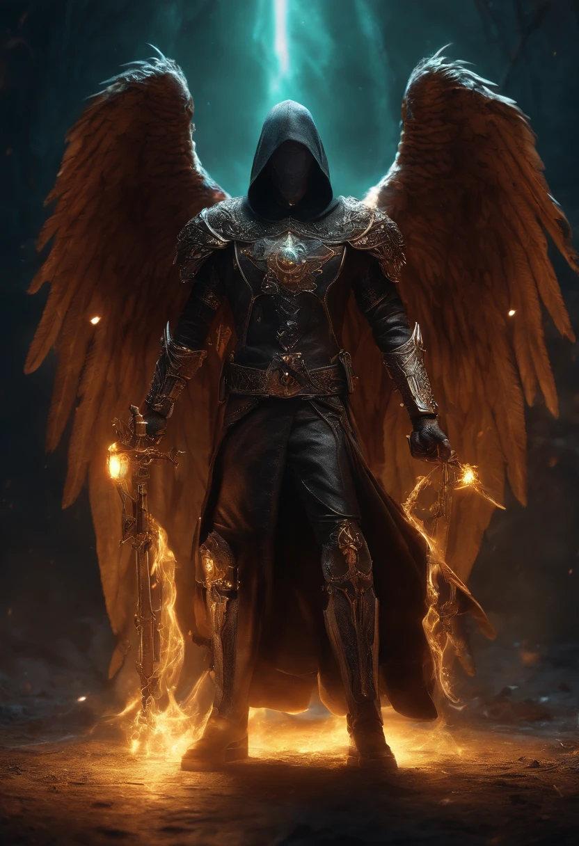 Cosmic Fallen Angel, Maltael, Gun sickles in their hands, Glowing light eyes, biomechanical, eldritch, Creepy, nightmarish, Very bright colors, light particles, with luminous light, Wallpaper Art, UHD wallpaper,medieval garb