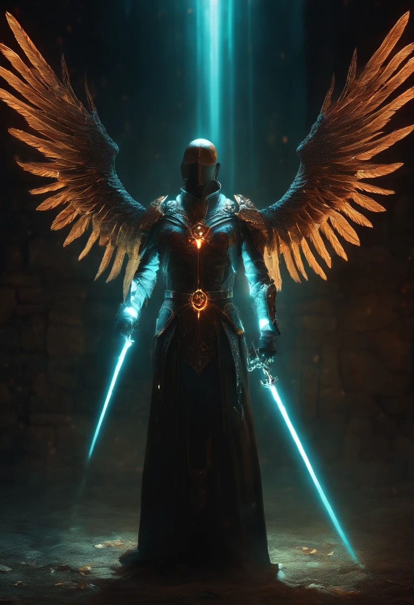 Cosmic Fallen Angel, Maltael, Gun sickles in their hands, Glowing light eyes, biomechanical, eldritch, Creepy, nightmarish, Very bright colors, light particles, with luminous light, Wallpaper Art, UHD wallpaper,medieval garb