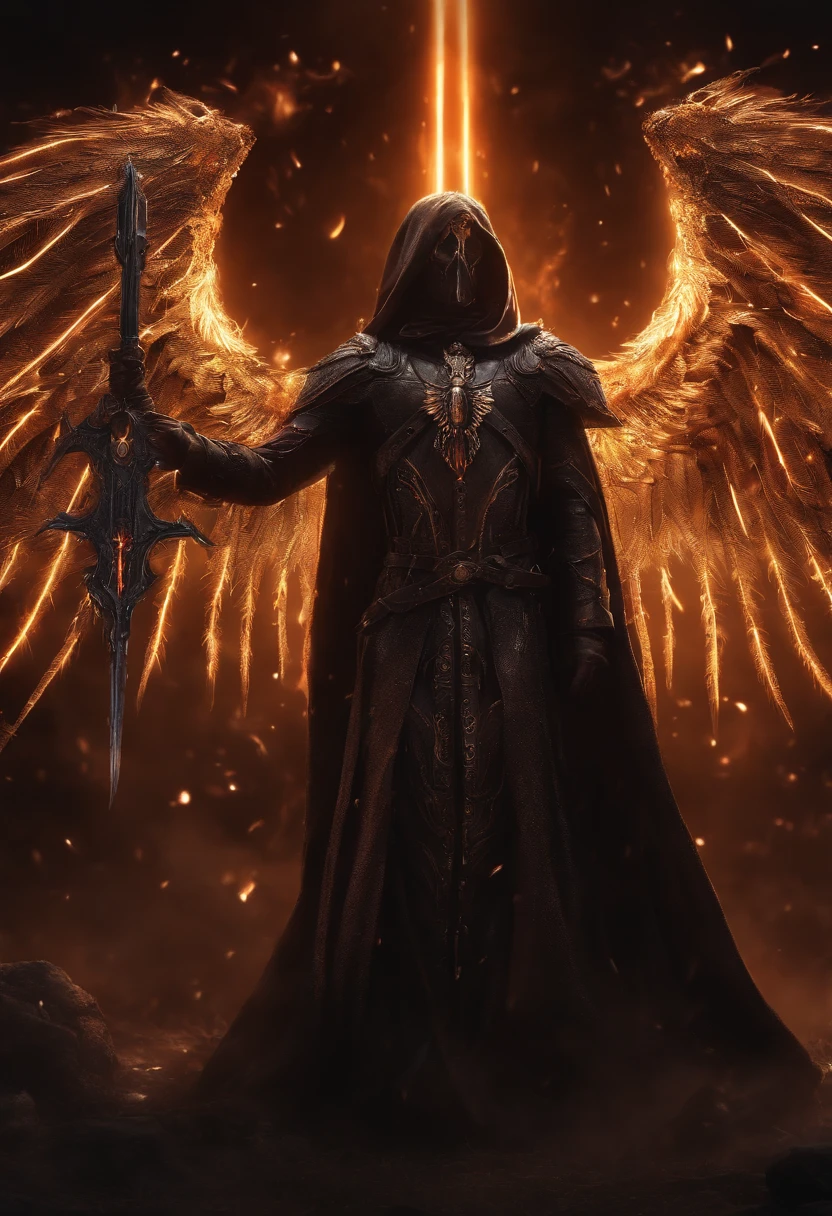 Cosmic Fallen Angel, Maltael, Gun sickles in their hands, Glowing light eyes, biomechanical, eldritch, Creepy, nightmarish, Very bright colors, light particles, with luminous light, Wallpaper Art, UHD wallpaper,medieval garb