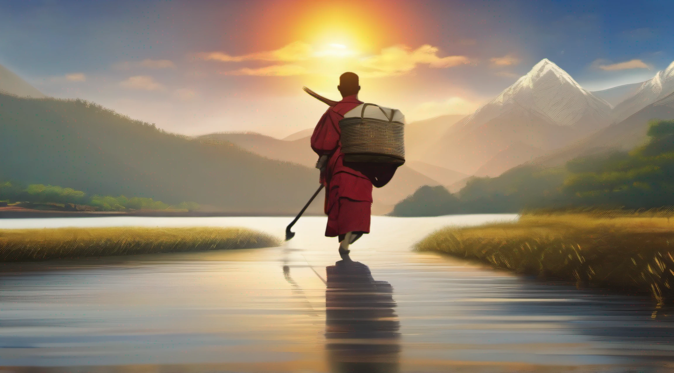 One tamang is crossing the river. There is a bright sun in the sky.