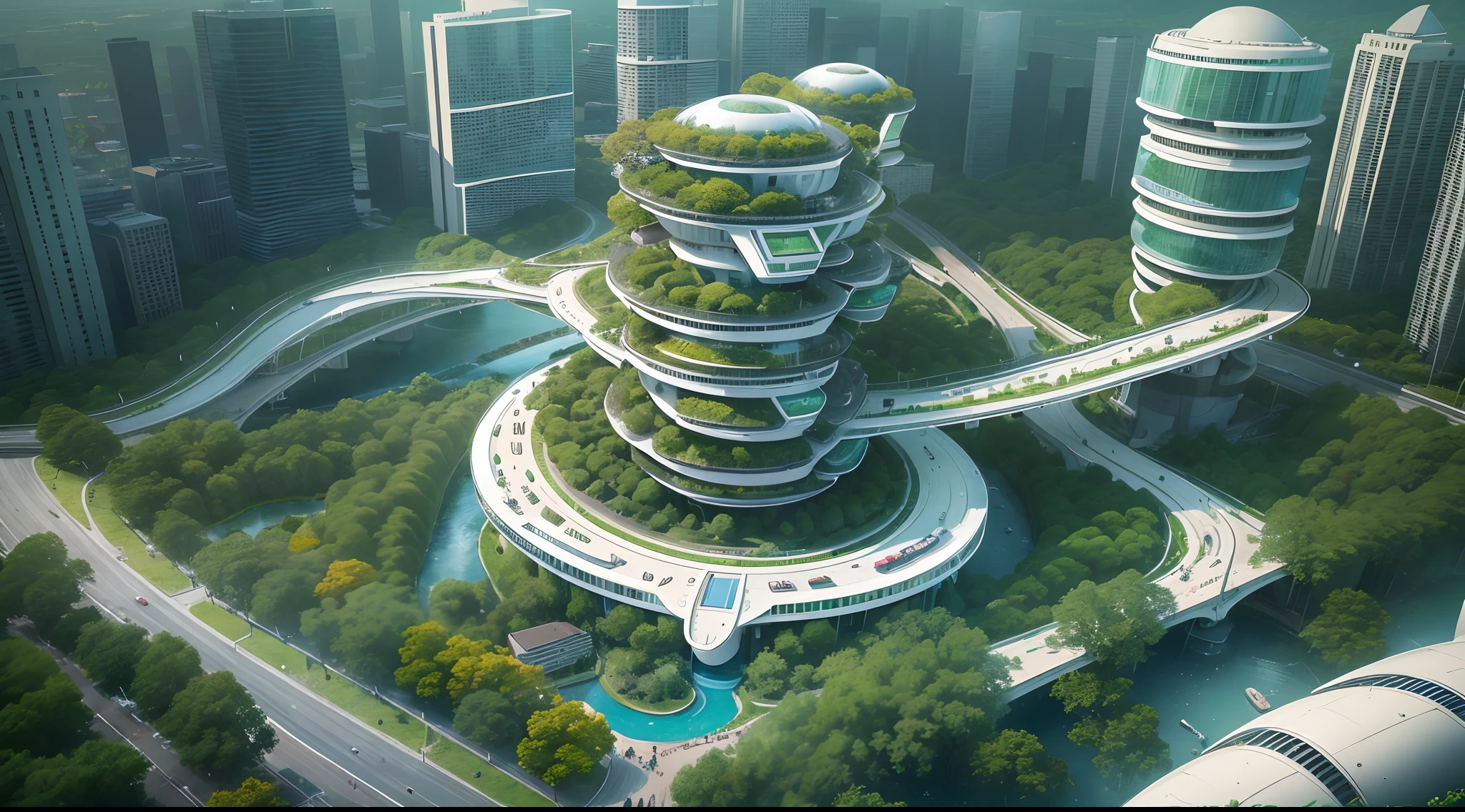 (Best quality,4K,8K,A high resolution,Masterpiece:1.2),Ultra-detailed,(Realistic,Photorealistic,photo-realistic:1.37),Wide-angle lens, Futuristic city, Smart Forest City, Smart cityscape,Mayan heritage, The interaction of nature and the divine world, An organic fusion of nature and urban elements, Streets of the future, Modern age city, planties, The vegetation is intertwined with the urban landscape, Harmonious synthesis, Futuristic architecture, Advanced technology, Lush greenery, futuristic skyscrapers, Vibrant colors, Nature-inspired design, Intelligent infrastructure, sustainable development, clean energy, Advanced transportation system, Floating garden, High-tech architecture, Connected ecosystem, Urban biodiversity, High-tech urban planning, Intelligent lighting system, Lively atmosphere, Futuristic mode of transportation (flying cars, Maglev train), aerial walkways, Transparent dome, Innovative urban agriculture, Vertical garden, holographic displays, Augmented reality integration, futuristic fashion, High-tech gadgets, Multicultural influence, Bustling city life